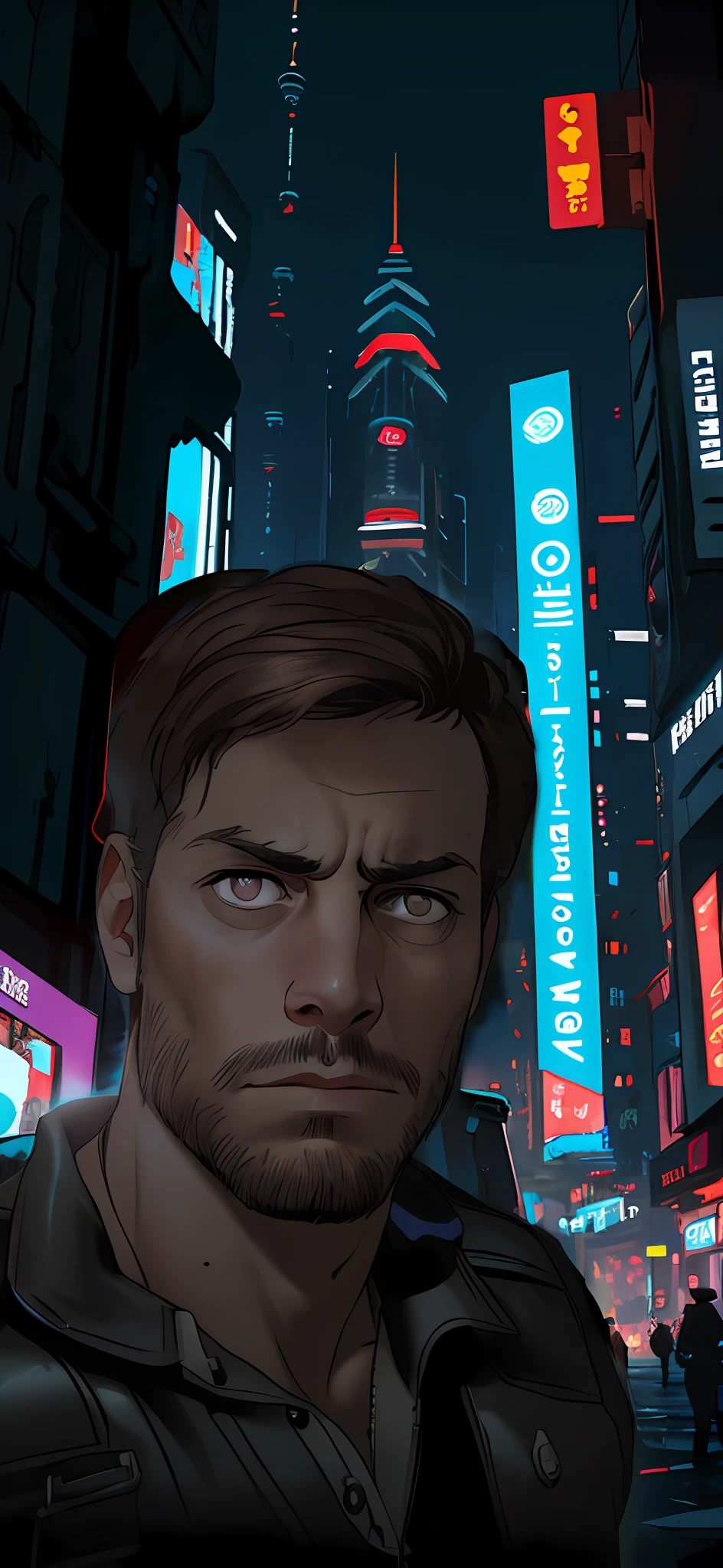 Futuristic setting, bucket runner, cyberpunk, rich in detail, innovative futuristic buildings, neon luZes, night, tense weather, mystery, challenge, villain in the distant background with the appearance of a bounty hunter (with clint eastwood hat or lee van cleef)