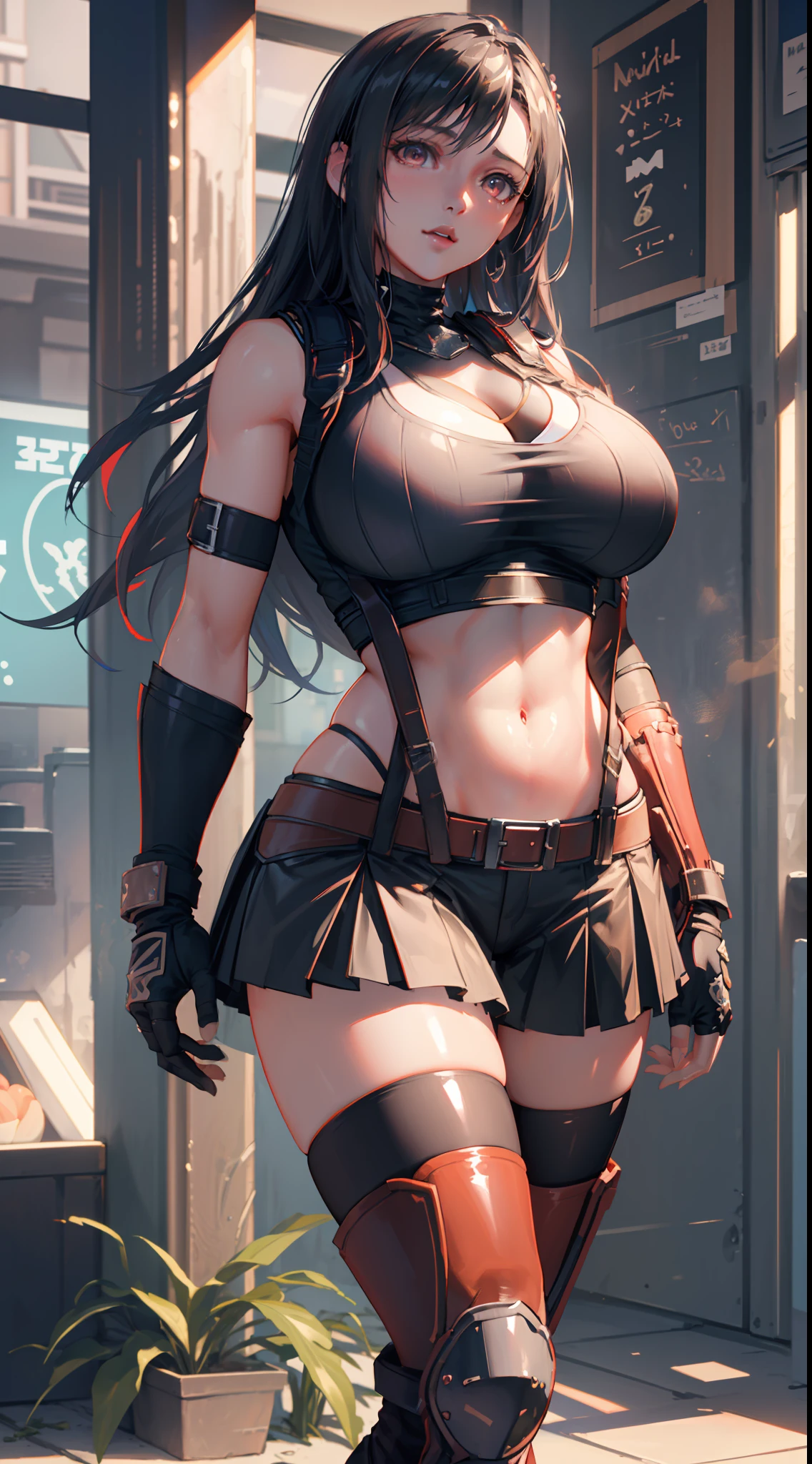 Unreal Engine 5 Realistic Render, (masterpiece, best quality), intricate details, (Best quality)), ((masterpiece)), ((realistic)), (hyperrealism:1.2), (fractal art:1.2), 
1girl, 7rtifa, crop top, arm guards, fingerless gloves, suspenders, pleated miniskirt, black thighhighs, red boots 
extreme detailed eyes, colorful, highest detailed, 
vibrant colors, high contrast,
(8K UHD:1.2), (photorealistic:1.2), beautiful face, top body is hyper realistic thicc muscle and hyper largest_breasts!! with the type of boobs_melons, lower is huge buttocks, wet shiny body