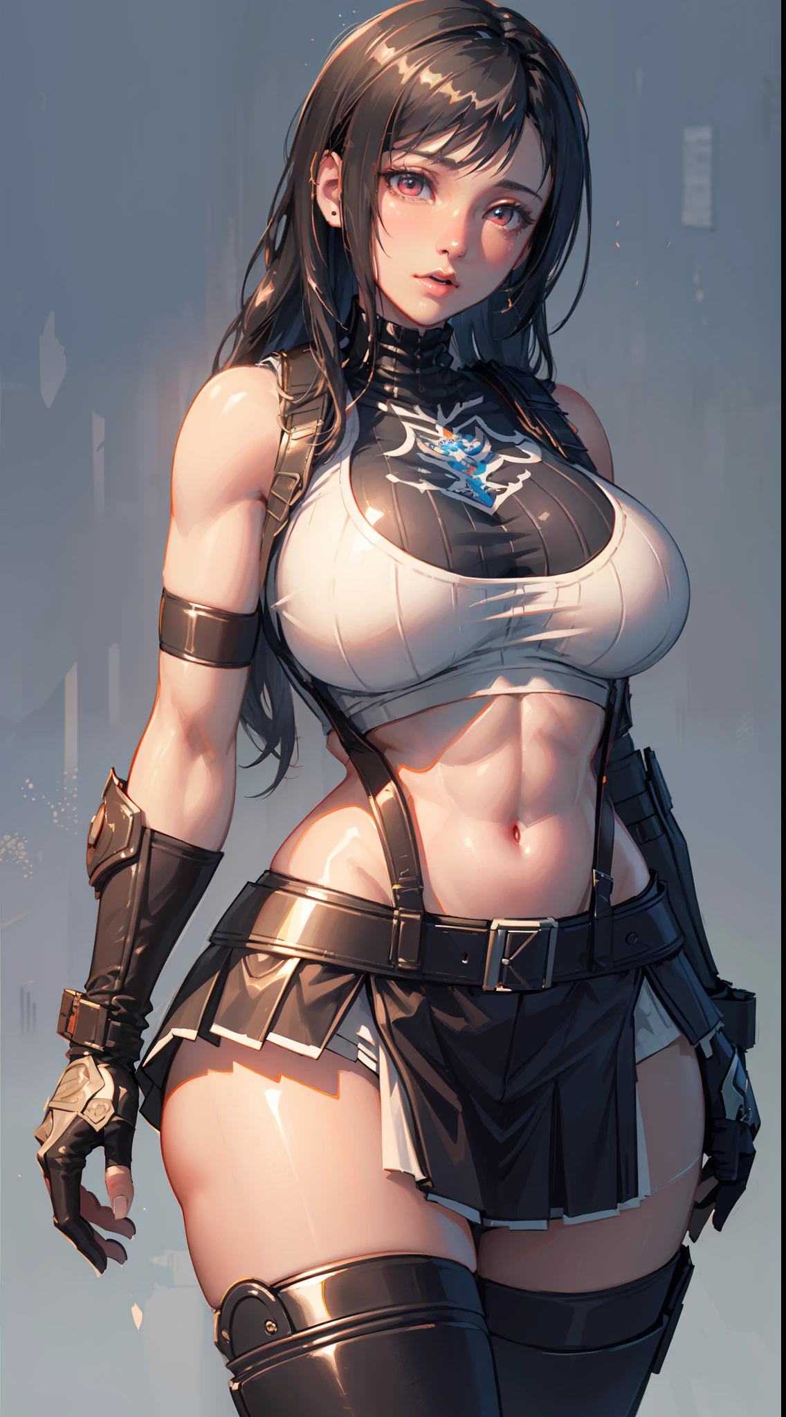 Unreal Engine 5 Realistic Render, (masterpiece, best quality), intricate details, (Best quality)), ((masterpiece)), ((realistic)), (hyperrealism:1.2), (fractal art:1.2), 
1girl, 7rtifa, crop top, arm guards, fingerless gloves, suspenders, pleated miniskirt, black thighhighs, red boots 
extreme detailed eyes, colorful, highest detailed, 
vibrant colors, high contrast,
(8K UHD:1.2), (photorealistic:1.2), beautiful face, top body is hyper realistic thicc muscle and hyper largest_breasts!! with the type of boobs_melons, lower is huge buttocks, wet shiny body