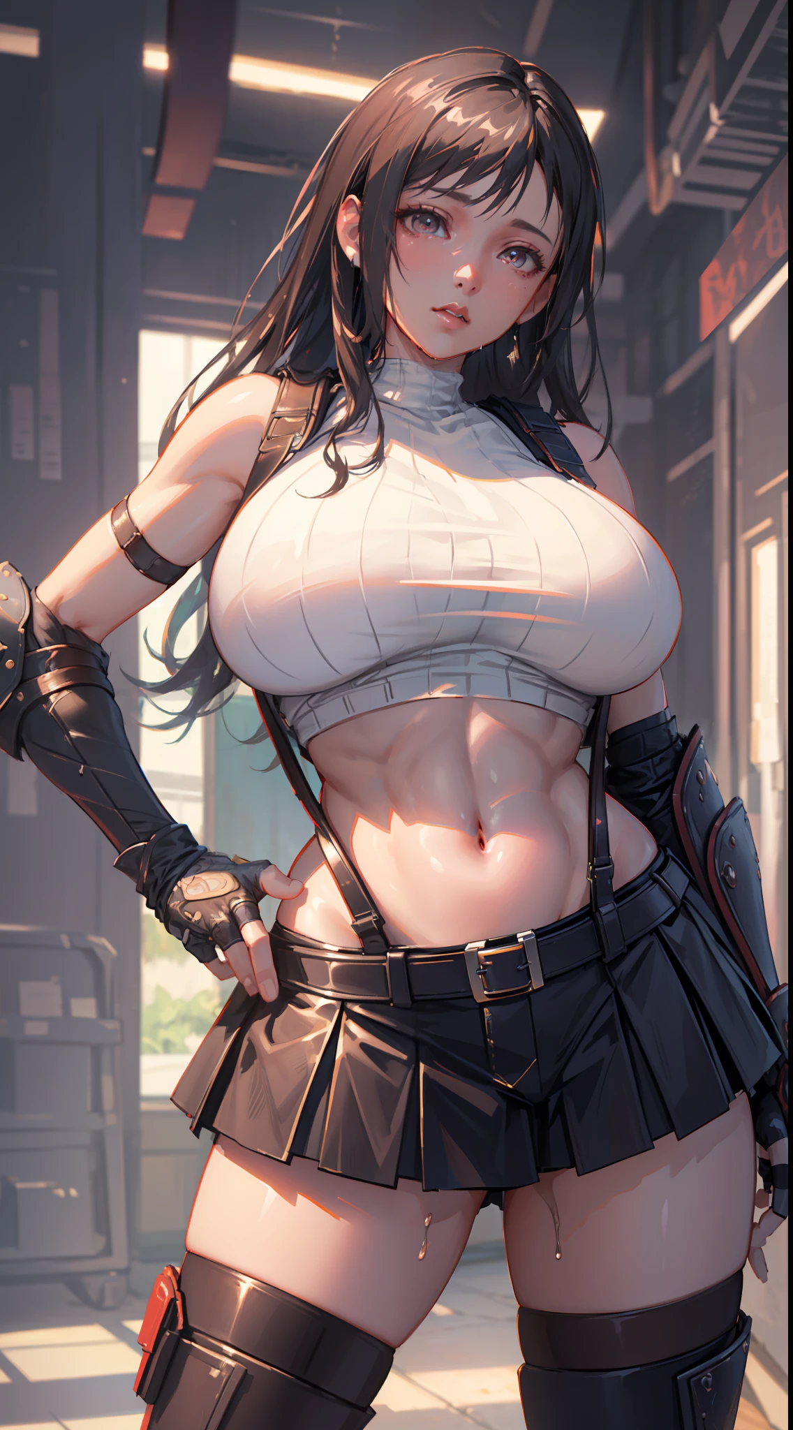 Unreal Engine 5 Realistic Render, (masterpiece, best quality), intricate details, (Best quality)), ((masterpiece)), ((realistic)), (hyperrealism:1.2), (fractal art:1.2), 
1girl, 7rtifa, crop top, arm guards, fingerless gloves, suspenders, pleated miniskirt, black thighhighs, red boots 
extreme detailed eyes, colorful, highest detailed, 
vibrant colors, high contrast,
(8K UHD:1.2), (photorealistic:1.2), beautiful face, top body is hyper realistic thicc muscle and hyper largest_breasts!! with the type of boobs_melons, lower is huge buttocks, wet shiny body