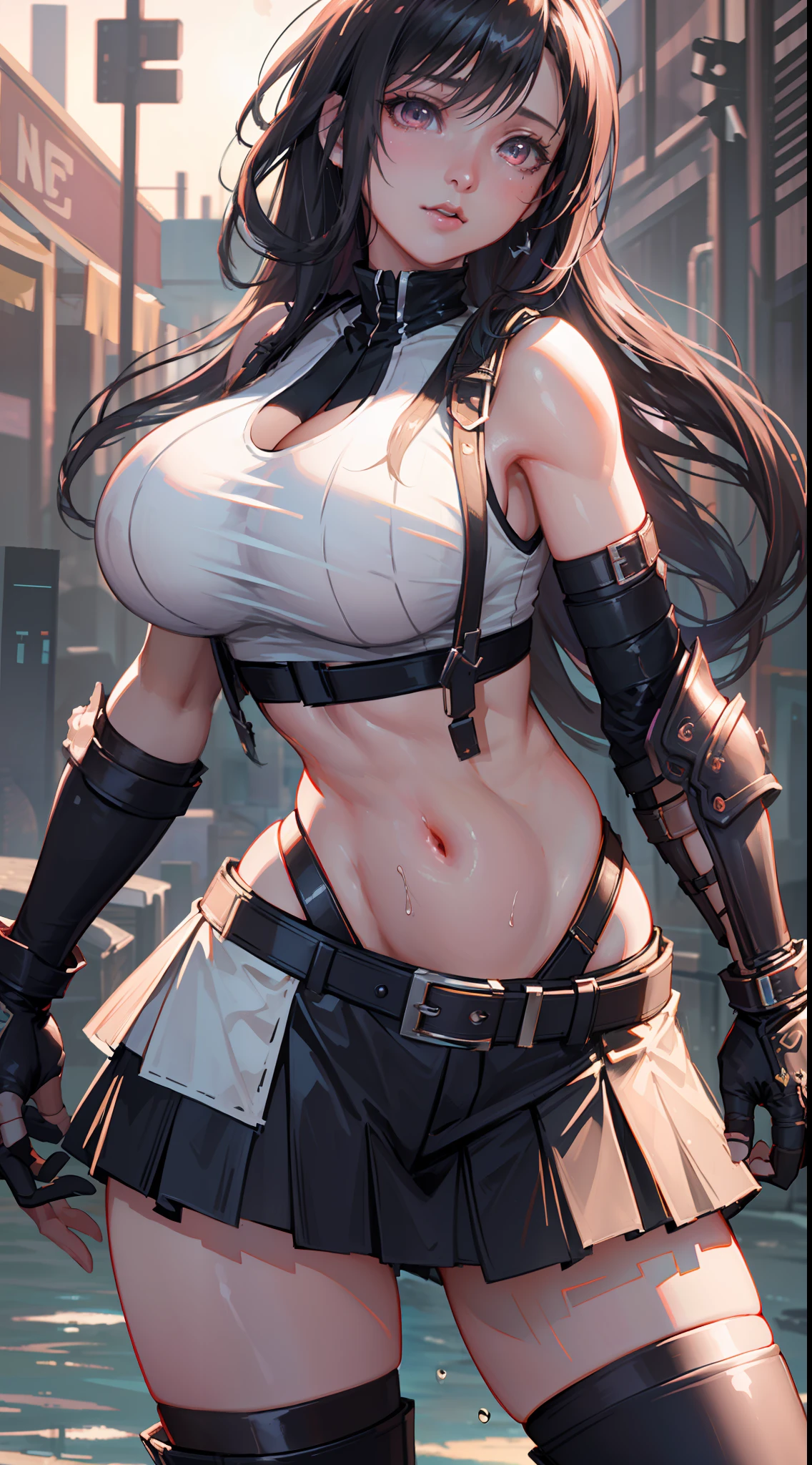 Unreal Engine 5 Realistic Render, (masterpiece, best quality), intricate details, (Best quality)), ((masterpiece)), ((realistic)), (hyperrealism:1.2), (fractal art:1.2), 
1girl, 7rtifa, crop top, arm guards, fingerless gloves, suspenders, pleated miniskirt, black thighhighs, red boots 
extreme detailed eyes, colorful, highest detailed, 
vibrant colors, high contrast,
(8K UHD:1.2), (photorealistic:1.2), beautiful face, top body is hyper realistic thicc muscle and hyper largest_breasts!! with the type of boobs_melons, lower is huge buttocks, wet shiny body