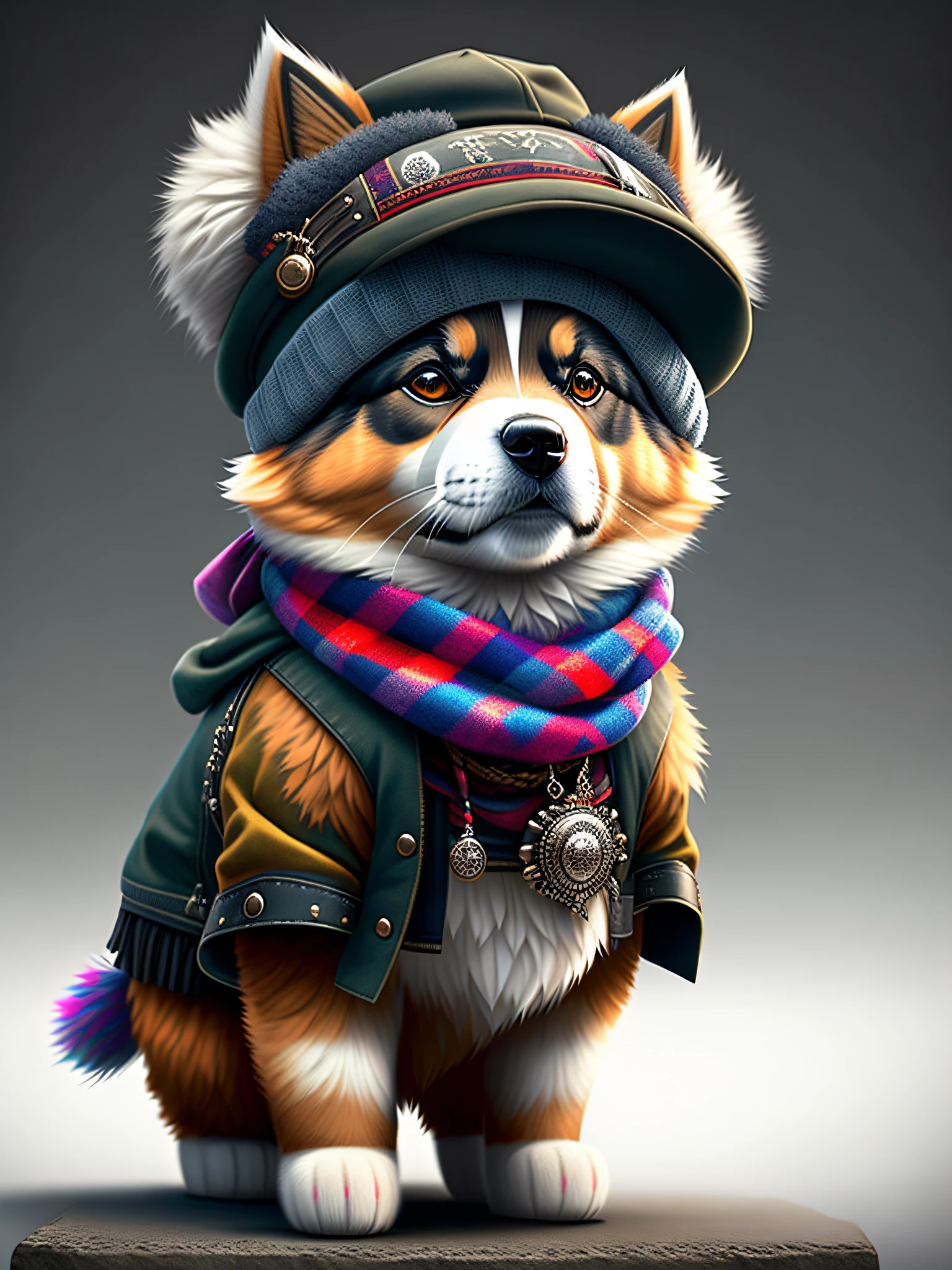 image of cute himalayan shepherd dog with hat and scarf, art season trend, dressed in punk clothes, hyper realistic detailed rendering, british gang member, urban style, intimidating pose, planet of cats, fashion clothes, urban samurai, meow, west slavic traits, 8 1 5