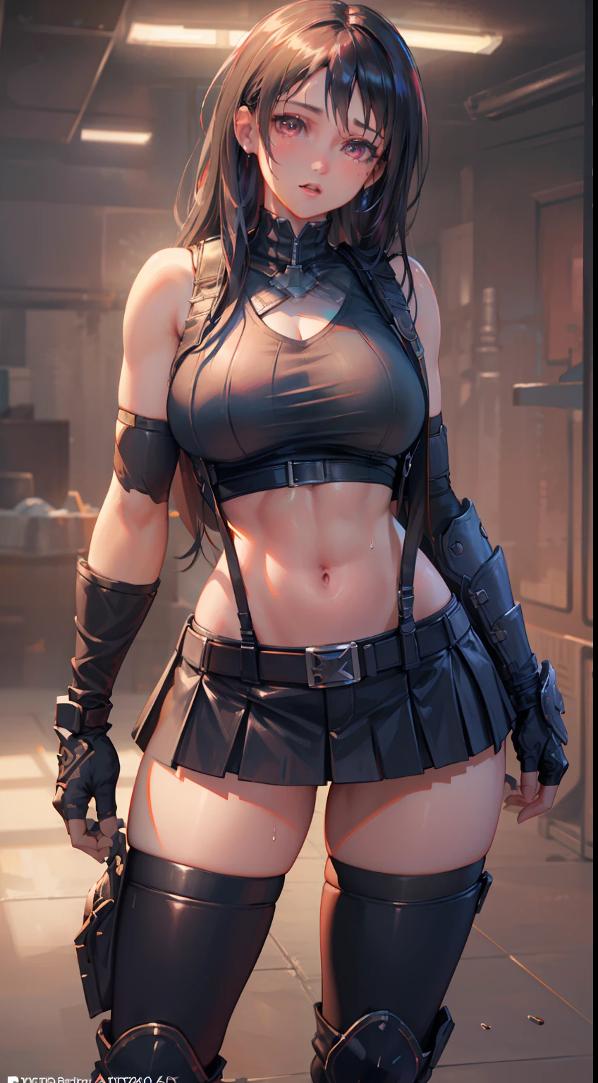 Unreal Engine 5 Realistic Render, (masterpiece, best quality), intricate details, (Best quality)), ((masterpiece)), ((realistic)), (hyperrealism:1.2), (fractal art:1.2), 
1girl, 7rtifa, crop top, arm guards, fingerless gloves, suspenders, pleated miniskirt, black thighhighs, red boots 
extreme detailed eyes, colorful, highest detailed, 
vibrant colors, high contrast,
(8K UHD:1.2), (photorealistic:1.2), beautiful face, top body is hyper realistic thicc muscle and hyper largest_breasts!! with the type of boobs_melons, lower is huge buttocks, wet shiny body