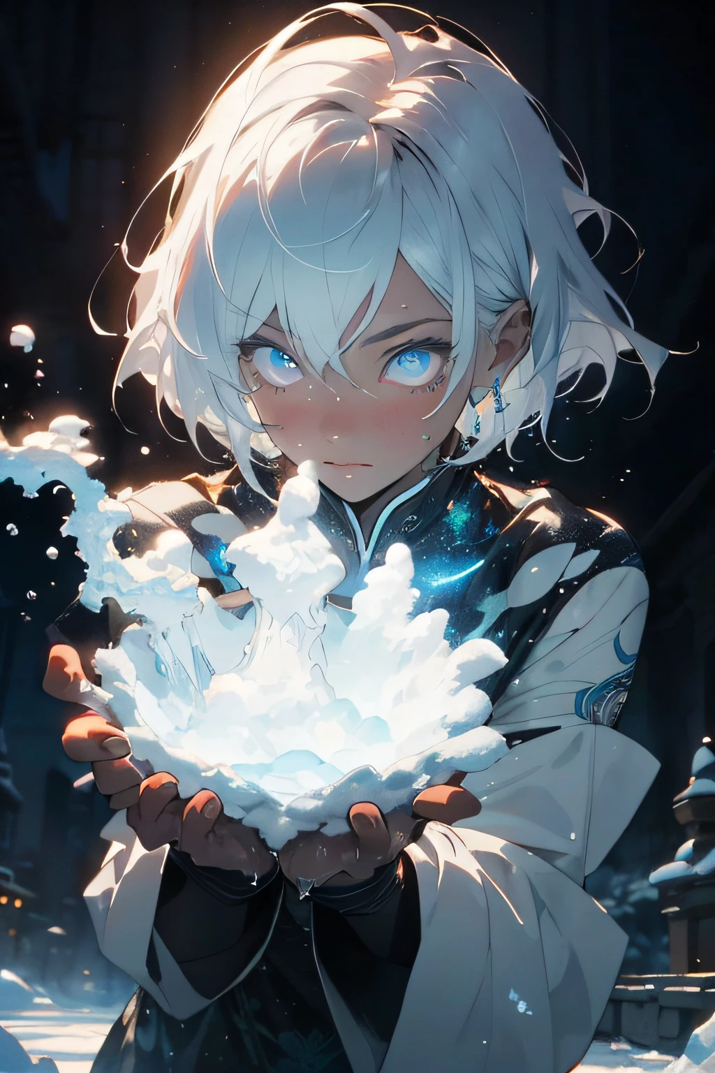 Realistic, (Masterpiece, Top Quality, Best Quality, Official Art, Beauty and Aesthetics: 1.2), Very Detailed, Fractal Art, Colorful, Most Detailed, Zentangle, (Abstract Background: 1.5) (1 Girl: 1.3), God, White Hair, Short Hair, (Glowing Blue Eyes), Mysterious, (Water Magic), Ice and Snow, Pretty Woman, Chinese Style, Dynamic Perspective, Cinematic Lighting, Volumetric Lighting, @