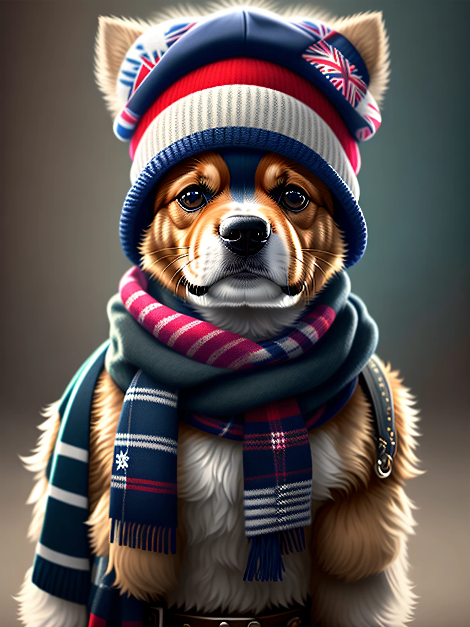 image of cute yorkshire dog with hat and scarf, trend art season, dressed in punk clothes, hyper realistic detailed rendering, british gang member, urban style, intimidating pose, planet of cats, fashion clothes, urban samurai , meow, west slavic traits, 8 1 5