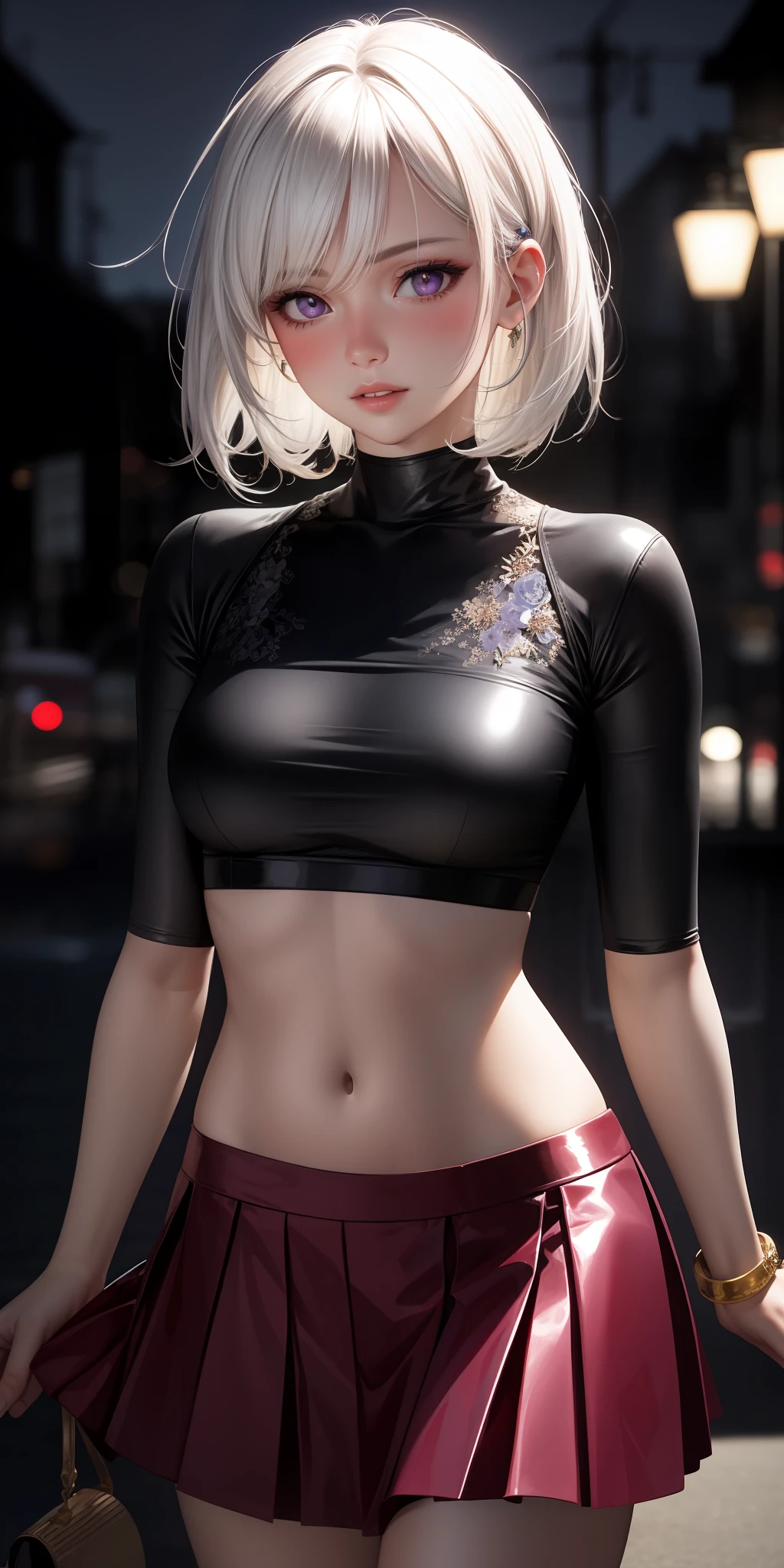 realistic, 1girl, white hair, purple eyes, glowing eyes, crop top, skirt, parted lips, blush, night, flowers, sun, sunlight,