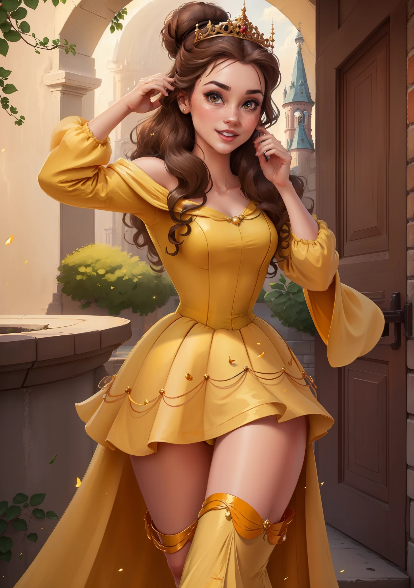 (BelleWaifu:1), surprised, handsome, handsome pose, looking at the viewer, thick thighs, (long yellow dress:1.2), (hair bun, tiara) :D, curvy, (holding a red rose:1),

(realistic: 1.2), (realism), (masterpiece: 1.2), (best quality), (ultra detailed), (8k, 4k, intricate), (full-body-shot: 1), (Cowboy-shot: 1.2), (85mm), light particles, lighting, (highly detailed: 1.2), (detailed face: 1.2), (gradients), sfw, colorful, (detailed eyes: 1.2),

(detailed landscape, garden, plants, castle: 1.2), (detailed background), detailed landscape, (dynamic angle: 1.2), (dynamic pose: 1.2), (rule of third_composition: 1.3), (line of action: 1.2), wide shot, daylight, soil,