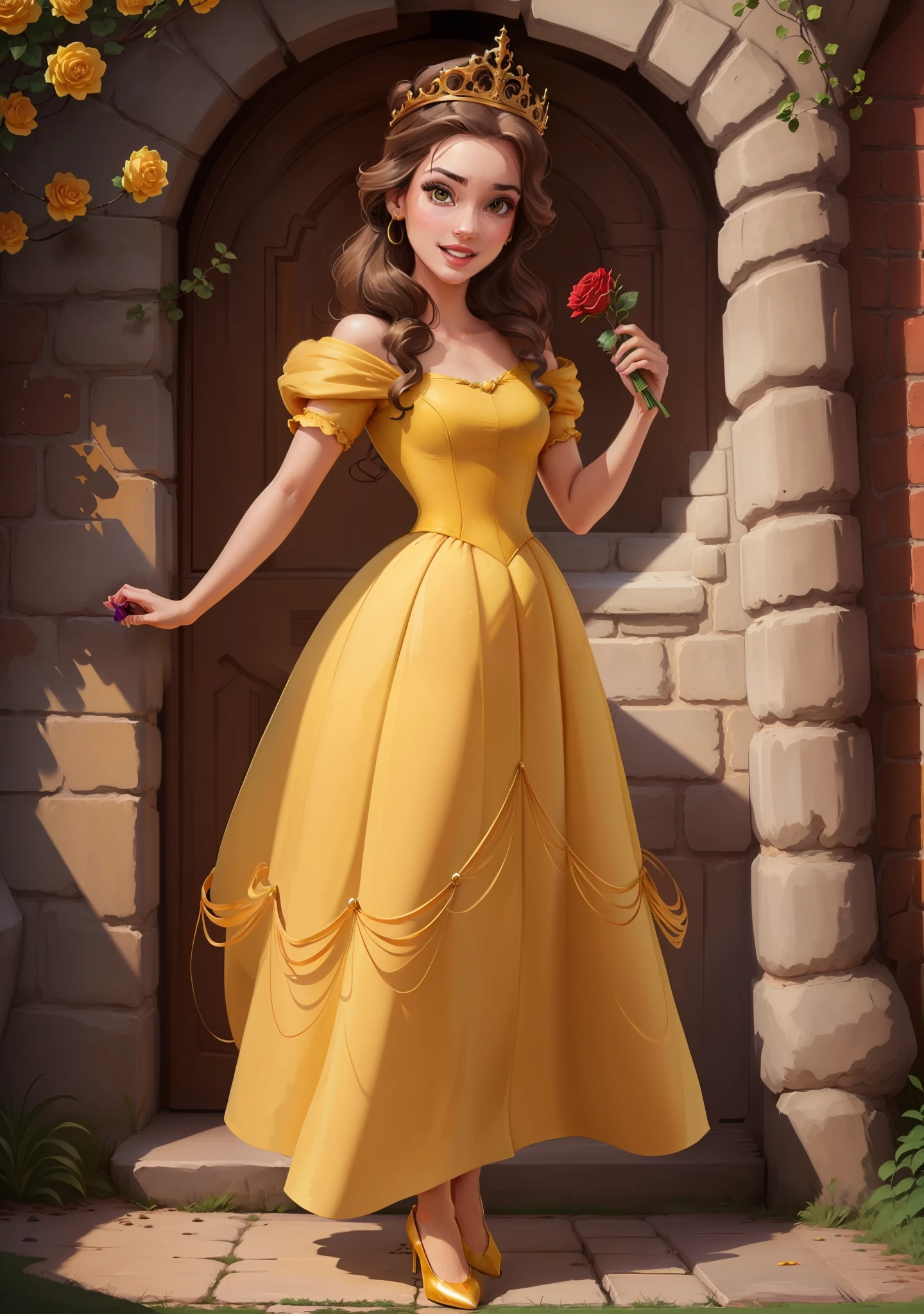 (BelleWaifu:1), surprised, handsome, handsome pose, looking at the viewer, thick thighs, (long yellow dress:1.2), (hair bun, tiara) :D, curvy, (holding a red rose:1),

(realistic: 1.2), (realism), (masterpiece: 1.2), (best quality), (ultra detailed), (8k, 4k, intricate), (full-body-shot: 1), (Cowboy-shot: 1.2), (85mm), light particles, lighting, (highly detailed: 1.2), (detailed face: 1.2), (gradients), sfw, colorful, (detailed eyes: 1.2),

(detailed landscape, garden, plants, castle: 1.2), (detailed background), detailed landscape, (dynamic angle: 1.2), (dynamic pose: 1.2), (rule of third_composition: 1.3), (line of action: 1.2), wide shot, daylight, soil,