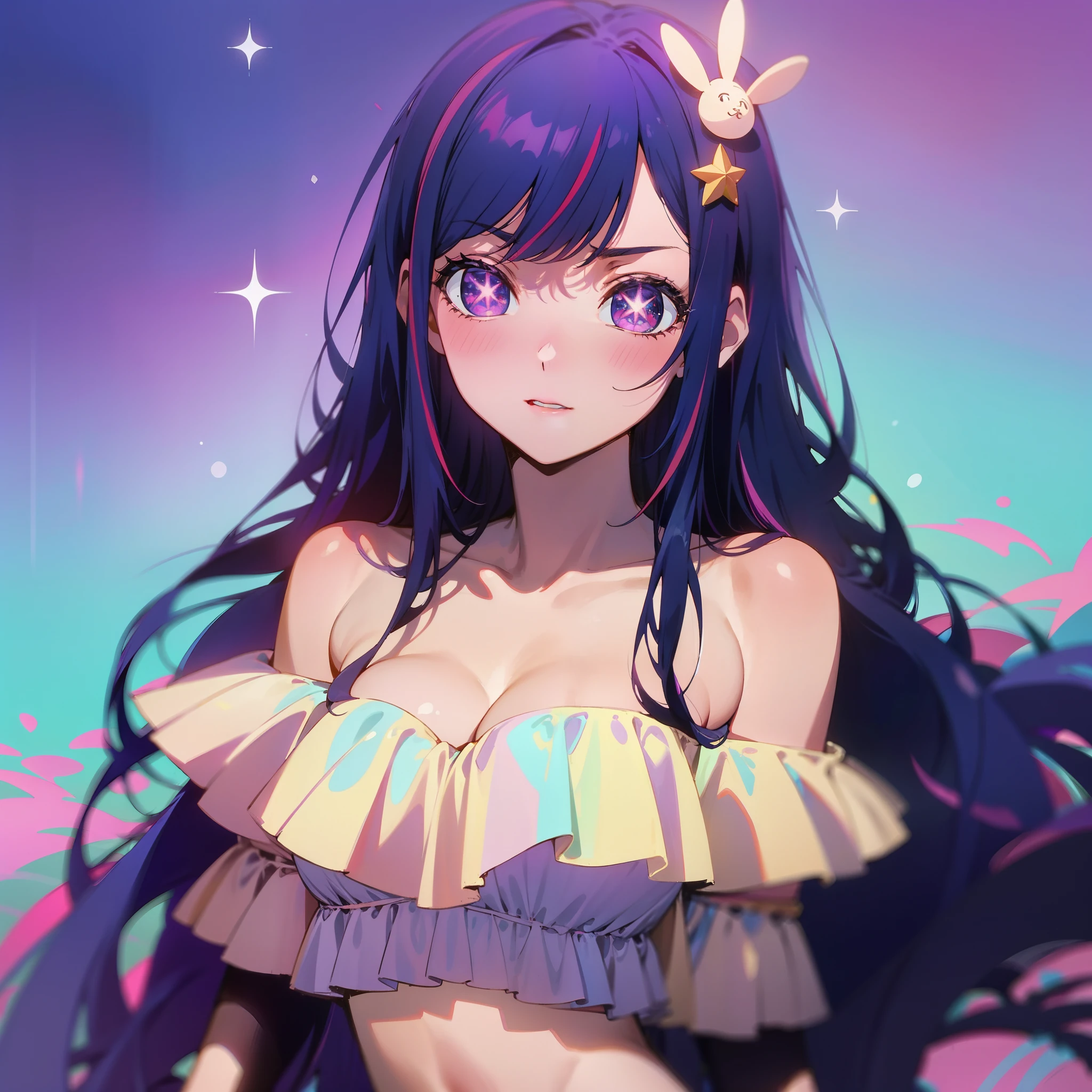 off-shoulder bikini,(feminino),Hoshino Ai, long hair, purple hair, streaked hair ,purple eyes, star-shaped pupils, hair ornament,