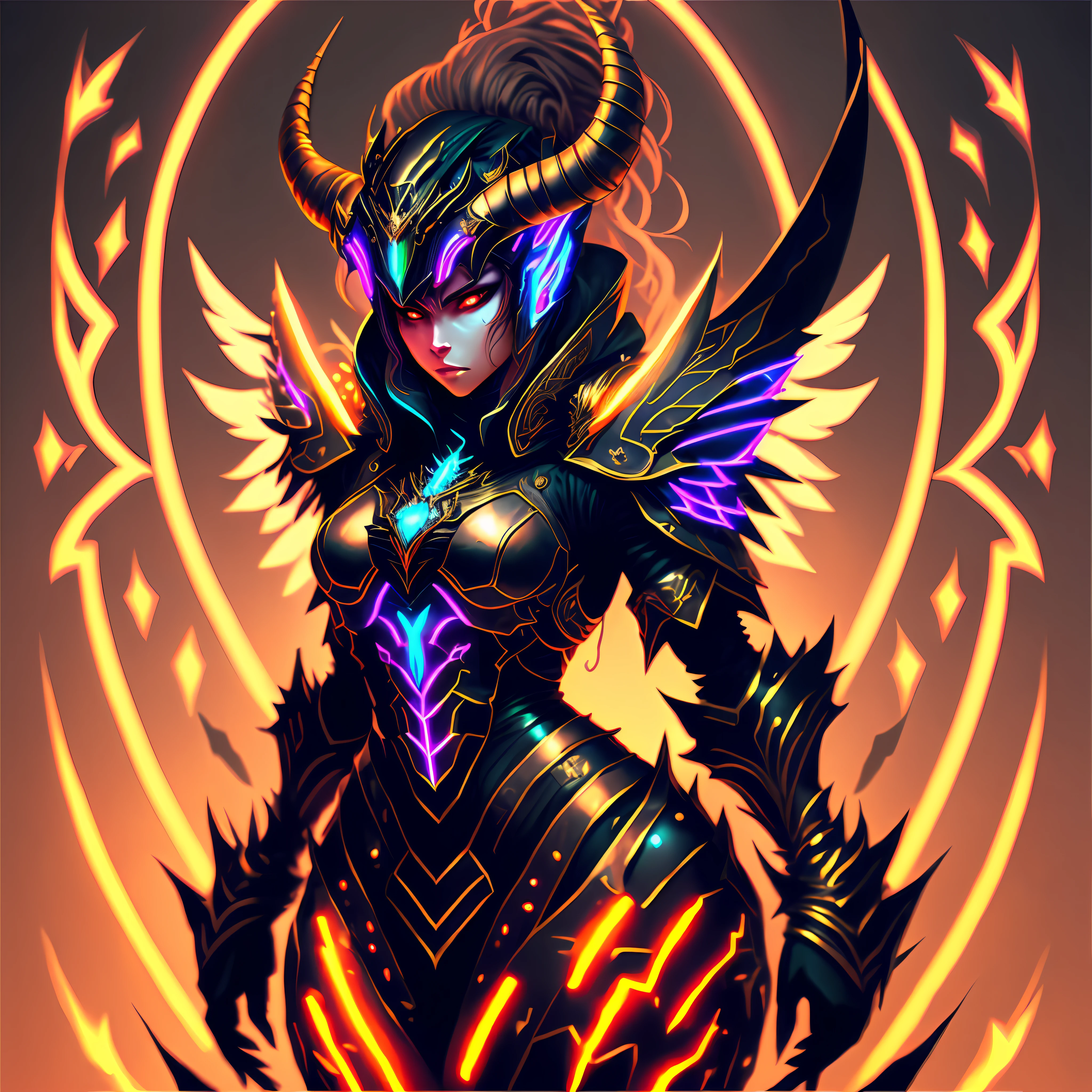 "Demon queen in a cyber armor with neon lights, impressive demon wings, dynamic pose, dramatic lighting, gloomy background, sharp details"
