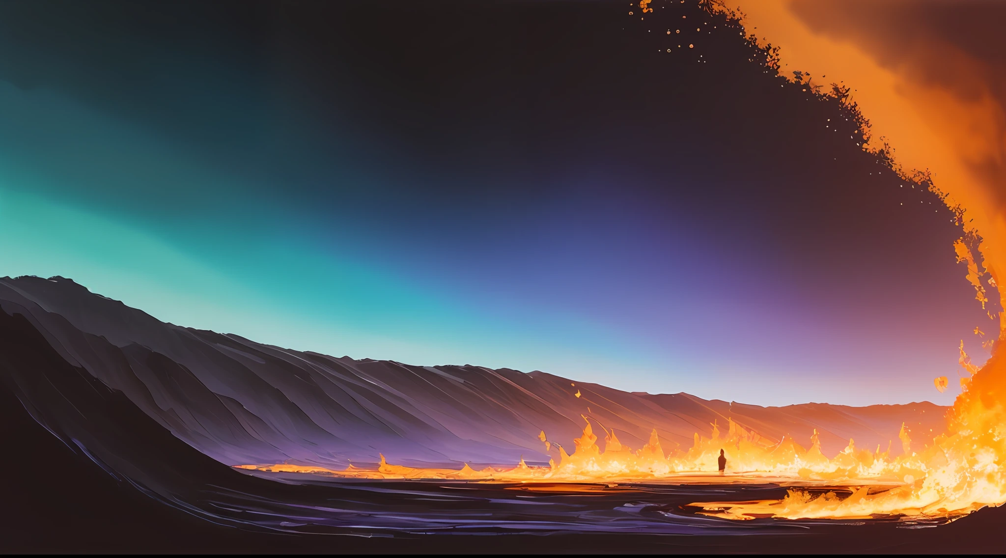 Extremely tense anime fire: human, drinking coffee in a building on fire in the background, superb playing card borders, random color art, oil painting, blue-yellow, light purple and purple additions, light red additions, intricate details, splash screen, 8k resolution, masterpiece, artstation digital painting smooth black ink flow: 8k resolution realistic masterpiece: intricate fluid gouache: Jean Baptiste Mongue: calligraphy: acrylic: watercolor art, professional photography, Natural daylight, volumetric lighting minimalist photography illustration: Marton Bobzert: complex, elegant, vast, dreamy, vibrant