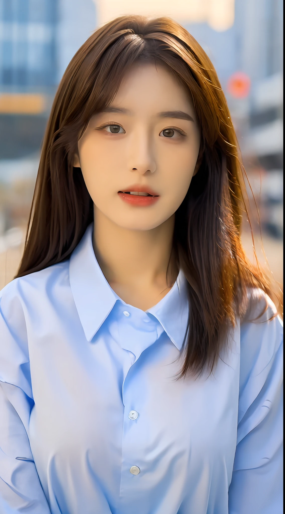 ((Best quality, 8k, Masterpiece :1.3)), Sharp focus :1.2, A pretty woman with perfect figure :1.4, Slender abs :1.2, ((Dark brown hair, Big breasts :1.2)), (White button up long shirt :1.1), City street:1.2, Highly detailed face and skin texture, Detailed eyes, Double eyelid