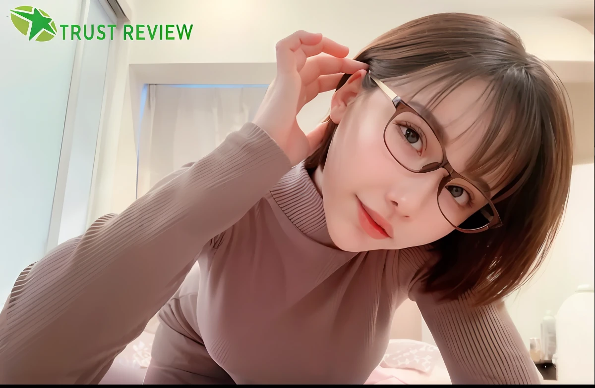 arafish woman in glasses laying on a bed with a pair of scissors, with glasses, spectacled, reluvy5213, ( ( eye glasses ) ), with glasses on, girl with glasses, wearing thin large round glasses, very clear picture, 8k)), very clear face, belle delphine, with black eyeglasses, thick glasses