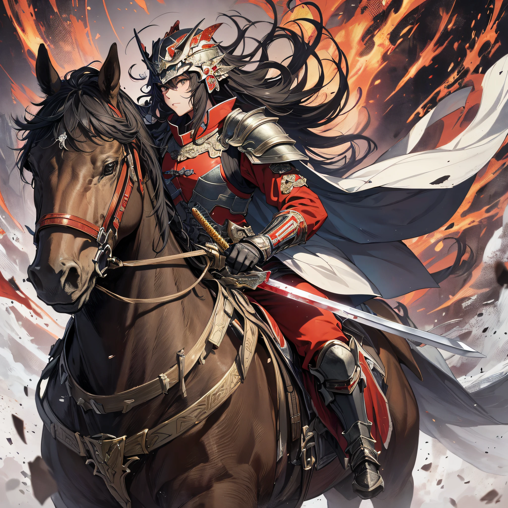Absurd resolution, high resolution, (masterpiece: 1.4), hyper-detail, ancient China, steppe, black long-haired young man (1.3), horseback riding (1.3), armored samurai in red armor, wielding sword, army, battlefield, blood, battle, fire