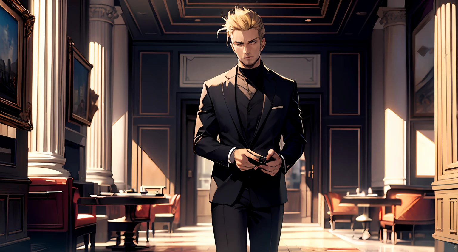 Masterpiece, best quality, a man, yellow hair, good temperament, luxury restaurant doorway, signboard, best quality, ultra hd, ccurate, high detail, high resolution