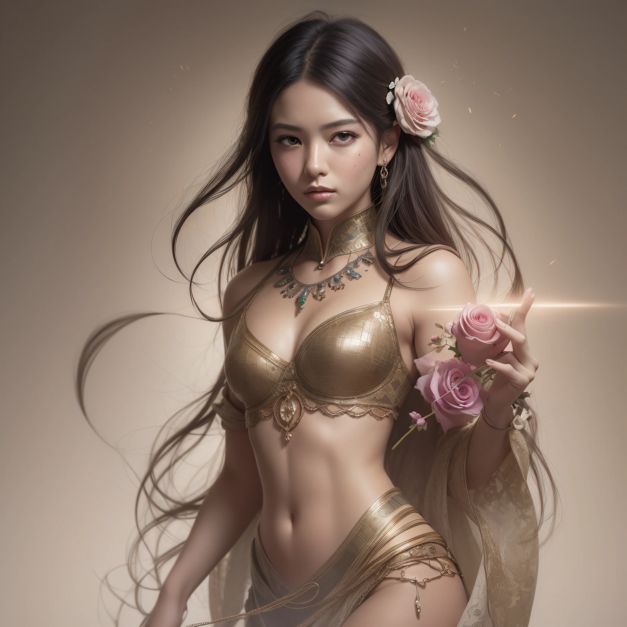 a Beautiful Japanese garl,Small face with a straight nose and rose-like lips,line art watercolor wash, ethereal background, abstract beauty,stand, approaching perfection, pure form, golden ratio, minimalistic, unfinished, concept art, by Brian Froud and Carne Griffiths and Wadim Kashin and John William Waterhouse, intricate details, 8k post production, high resolution, hyperdetailed, trending on artstation, sharp focus, studio photo, intricate details, highly detailed, by greg rutkowski