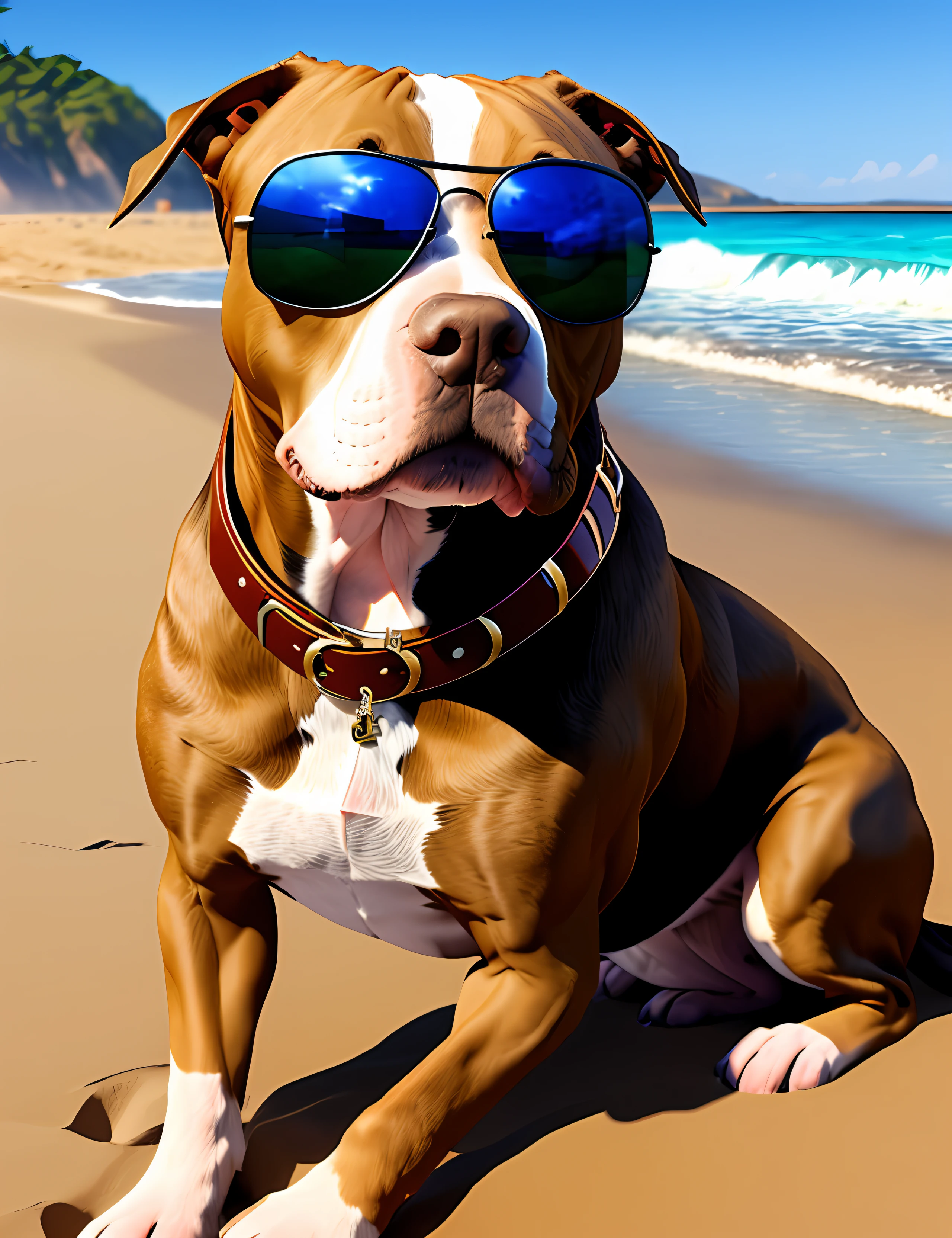 a fierce pitbull, bad boy style, sunglasses, on a beach, realistic, real texture --auto --s2