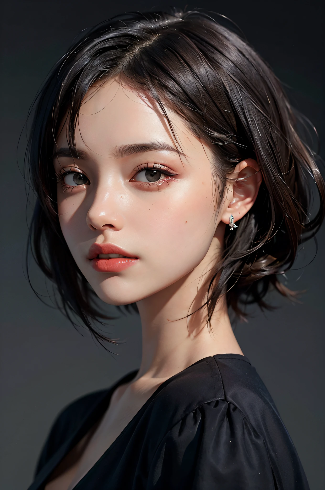 a 30 yo woman,(hi-top fade:1.3),long hair,dark theme, soothing tones, muted colors, high contrast, (natural skin texture, hyperrealism, soft light, sharp),