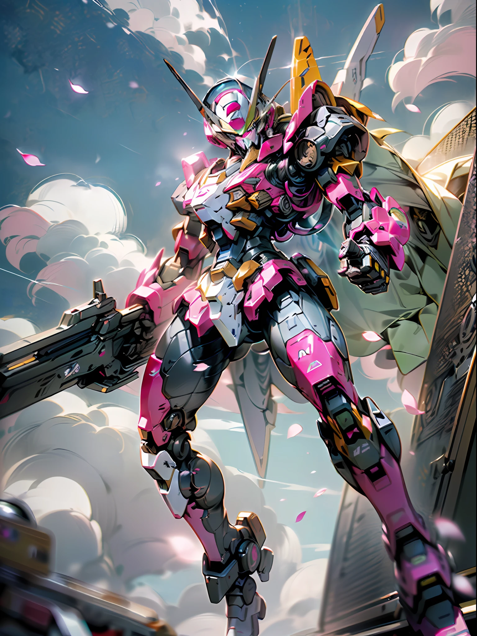 ((Best Quality)), ((Masterpiece), (Very detailed: 1.3), 8K, cool painting, full of sci-fi atmosphere, heavy machine gun pink giant Gundam in both hands, streamlined pink armor, complex weapons and equipment behind it, Gundam humanoid mech, anime mecha aesthetics, perfect body proportions, running posture, white clouds in the sky, cherry blossom pink background, looking up, ray tracing, light particles, NVIDIA TRTX, Super resolution, Unreal 5, anime quadratic style, subsurface scattering, Specular and albedo maps, rule of thirds, large aperture, battle stance.
