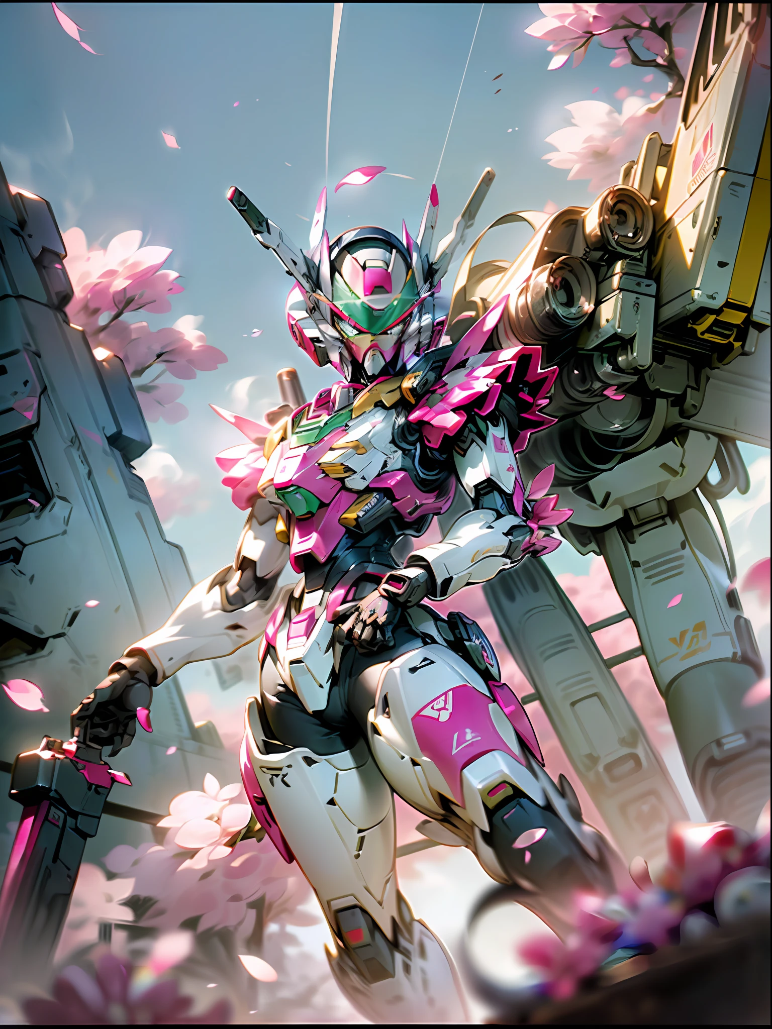 ((Best Quality)), ((Masterpiece), (Very detailed: 1.3), 8K, cool painting, full of sci-fi atmosphere, heavy machine gun pink giant Gundam in both hands, streamlined pink armor, complex weapons and equipment behind it, Gundam humanoid mech, anime mecha aesthetics, perfect body proportions, running posture, white clouds in the sky, cherry blossom pink background, looking up, ray tracing, light particles, NVIDIA TRTX, Super resolution, Unreal 5, anime quadratic style, subsurface scattering, Specular and albedo maps, rule of thirds, large aperture, battle stance.