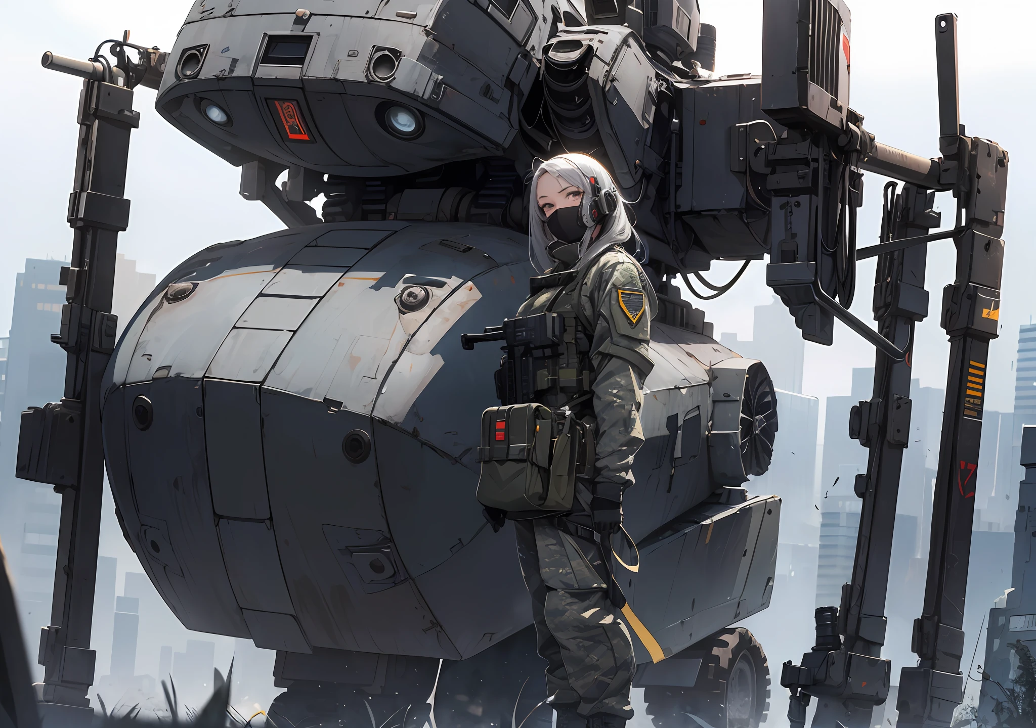 8K, masterpiece, culmination, ultra-high resolution, rising plume, vast landscape photography, (from below, sky above, open field below), holding_weapon, glow, ((Giant robotic weapon with gun with multiple limbs in the distance: 1.6)), military, building, glowing_eyes, mech, science fiction, city, reality, ( 1 female soldier with silver long hair in black military equipment), panorama