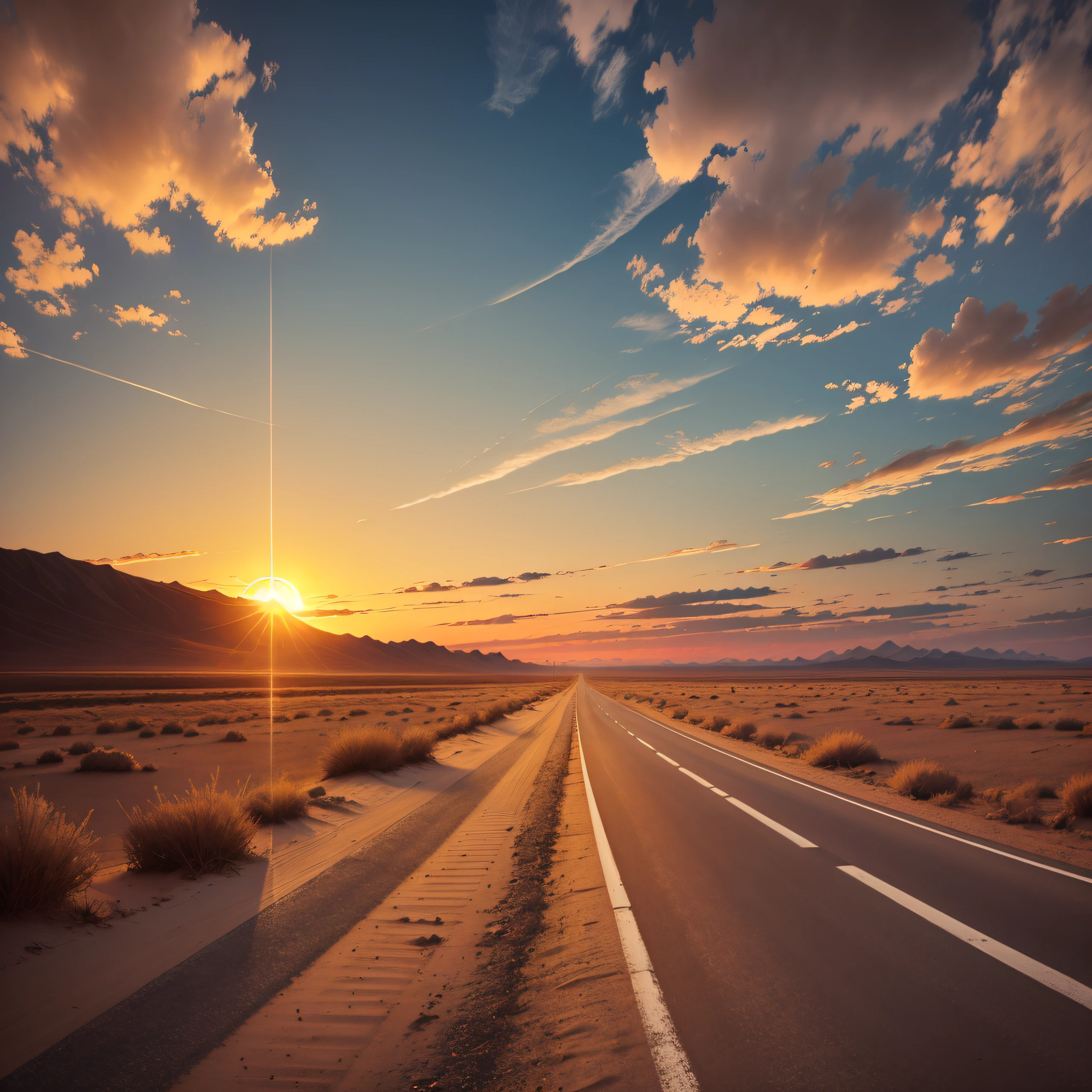 Deserted road with sun setting on a sunset --auto --s2