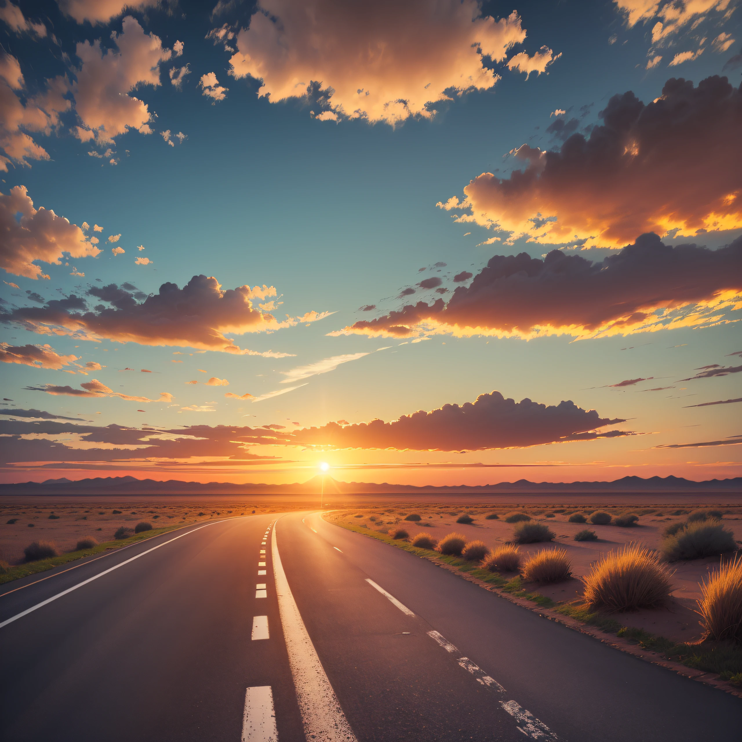 Deserted road with sun setting on a sunset --auto --s2