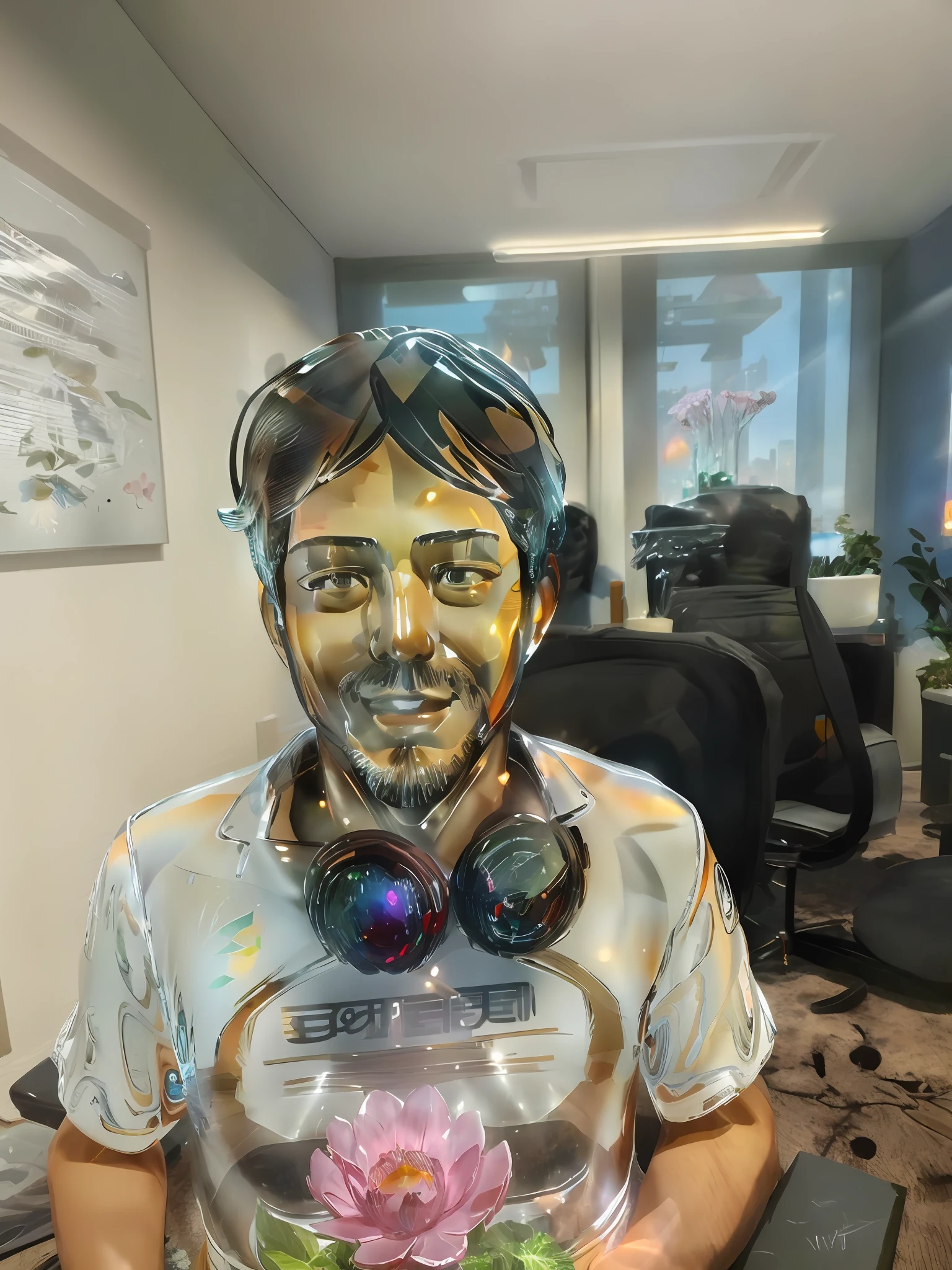 realistic glasssculpture of a man, translucent, transparent, detailed cityscape background, street, reflections. cgsociety masterpiece, flowers everywhere, artstation trending, by rossdraws, ghibli, Kimi no Na wa, greg rutkowski