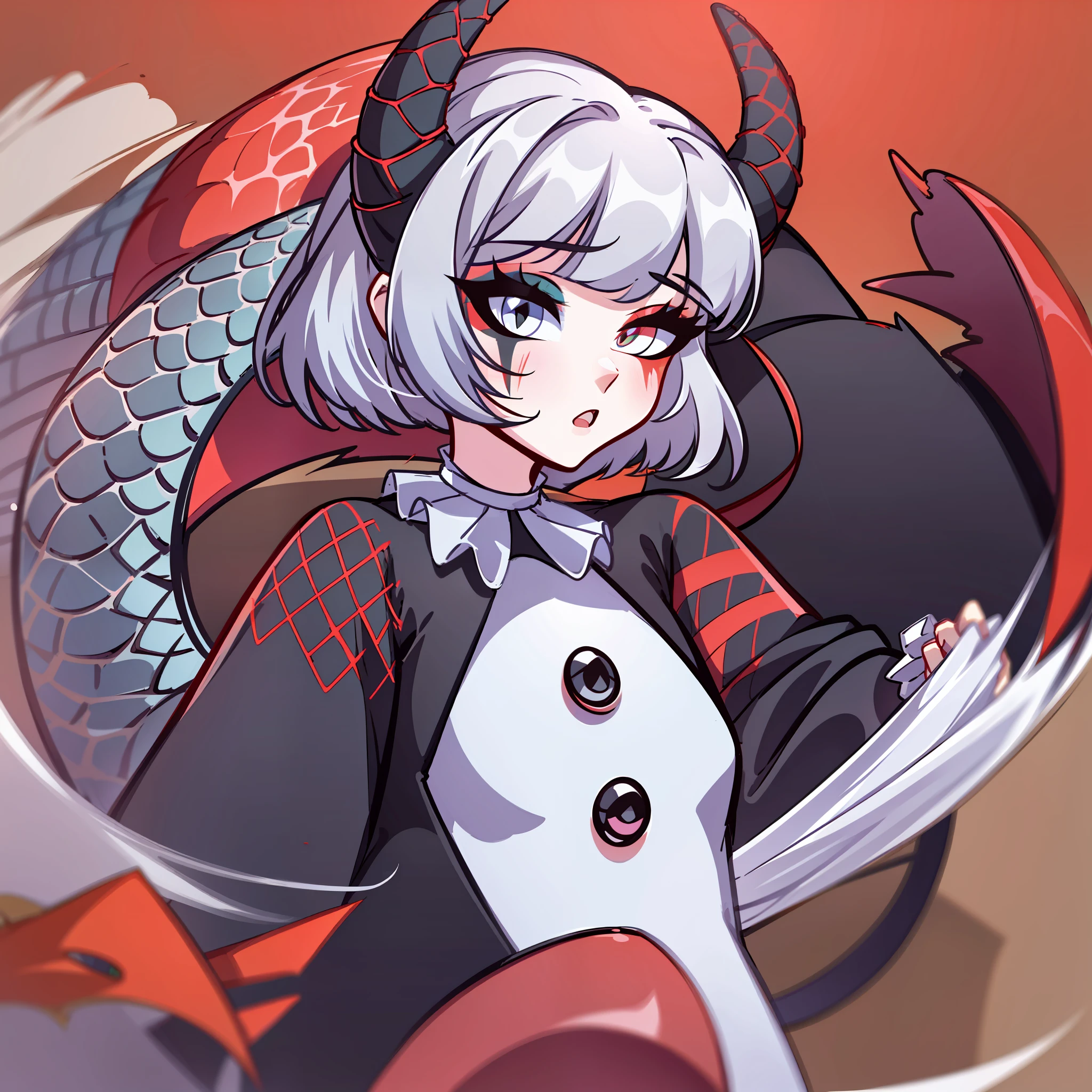 (Best quality: 1.0), (super high res: 1.0), extremely detailed character, detailed Hands, half-dragon girl, horns, scales on the neck, scales on the shoulders, scales on the forearm, scales on the cheek, girl with dragon tail, dragon tail, extremely detailed hair, short hair, ((white hair)), ((black locks)), extremely detailed eyes, eye with different colors, heterochromia, white right eye,  black left eye, dragon eyes, 2d, anime art, ((child)), ((full body)), standing, medieval, rpg, small, cute, psychopathic look