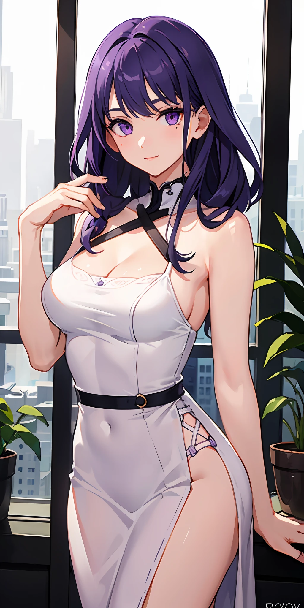 (Masterpiece, Best Quality), Female, Raiden Ei, Purple Hair, Purple Eyes, Kind, Considerate, Shy, Funny, Love myself, Faithful, 1 Mole under the left eye, Wearing a purplish white dress