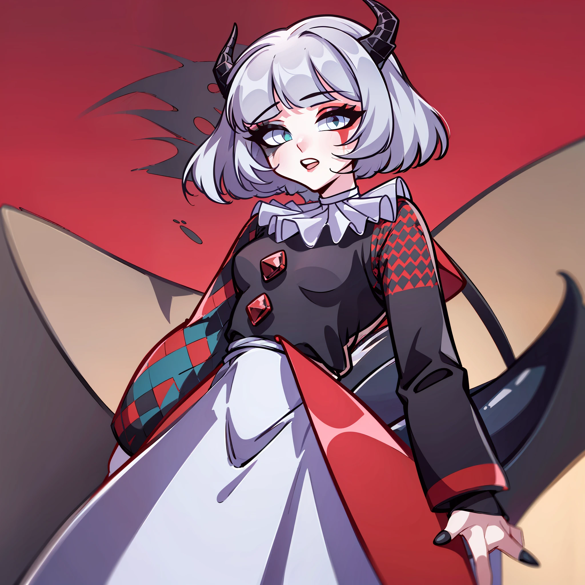 (Best quality: 1.0), (super high res: 1.0), extremely detailed character, detailed Hands, half-dragon girl, horns, scales on the neck, scales on the shoulders, scales on the forearm, scales on the cheek, girl with dragon tail, dragon tail, extremely detailed hair, short hair, ((white hair)), ((black locks)), extremely detailed eyes, eye with different colors, heterochromia, white right eye, black left eye, dragon eyes, 2d, anime art, (()), ((full body)), standing, medieval, rpg, small, cute, psychopathic look