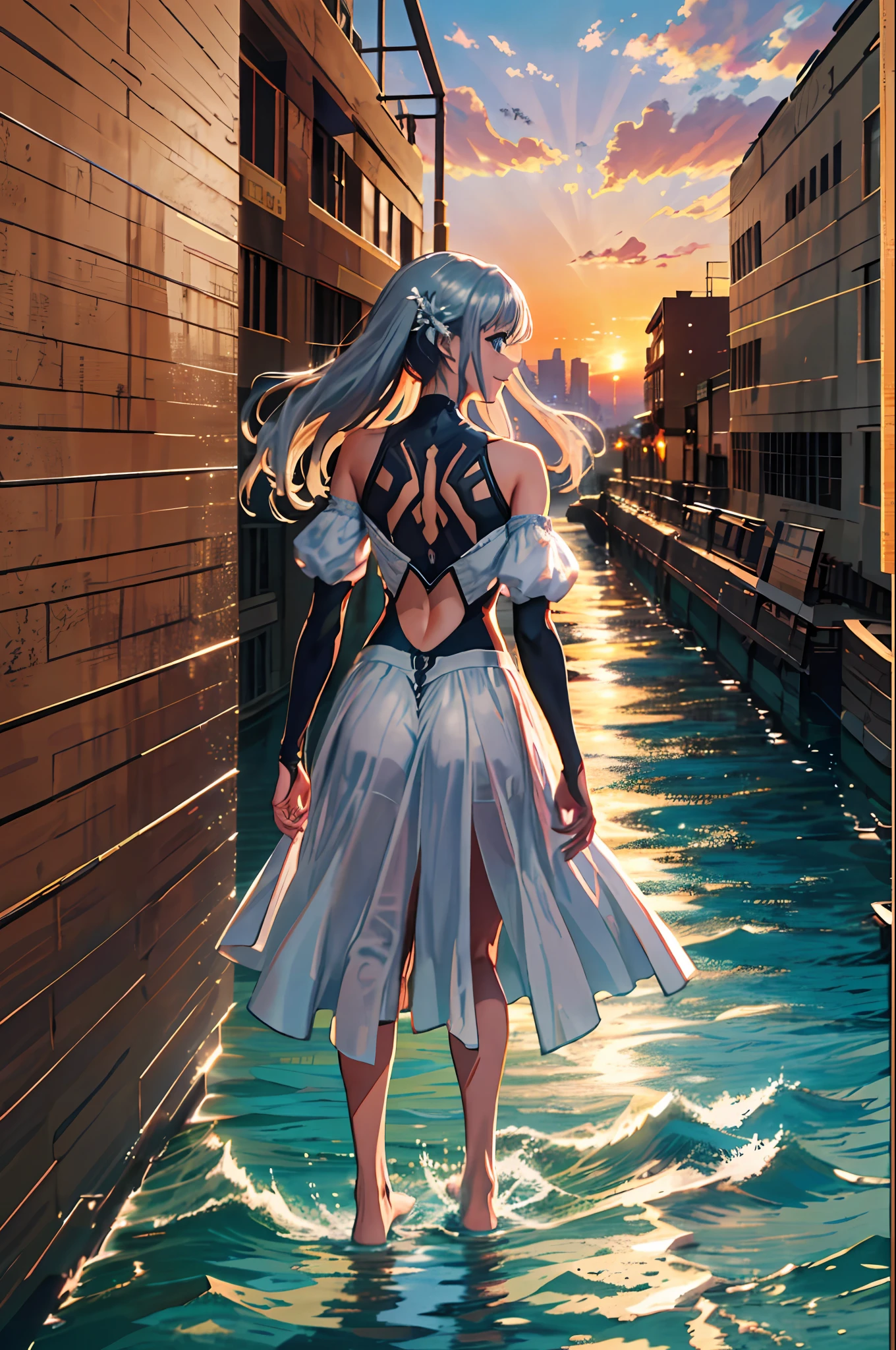 masterpiece, best quality, 1 girl, best quality, super high resolution, 1 girl, silver hair, full body, landscape, smile, ocean, sunset, city, barefoot, footprints, sand, wearing bio mecha, from behind, looking at the audience, looking back, silhouette, wading, standing on liquid