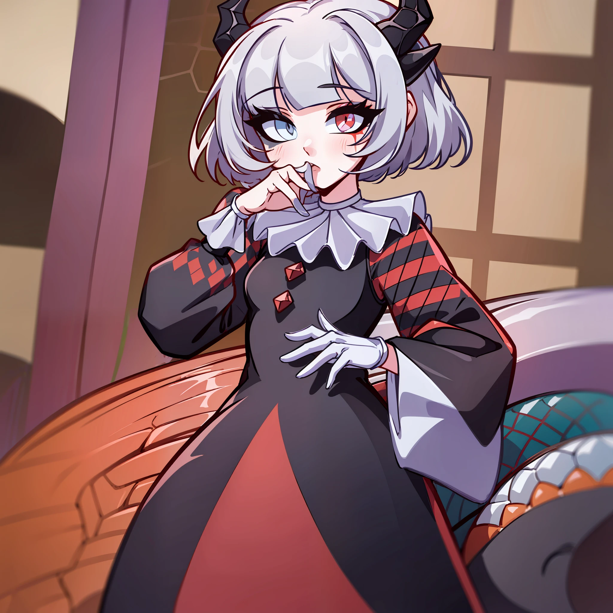(Best quality: 1.0), (super high res: 1.0), extremely detailed character, detailed Hands, half-dragon girl, horns, scales on the neck, scales on the shoulders, scales on the forearm, scales on the cheek, girl with dragon tail, dragon tail, extremely detailed hair, short hair, ((white hair)), ((black locks)), extremely detailed eyes, eye with different colors, heterochromia, white right eye, black left eye, dragon eyes, 2d, anime art, (()), ((full body)), standing, medieval, rpg, small, cute, psychopathic look