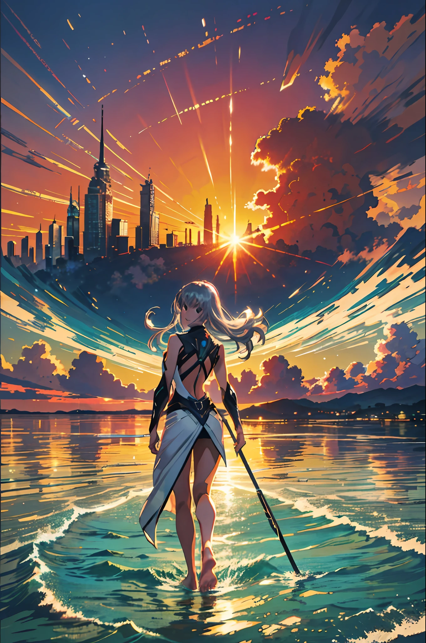 masterpiece, best quality, 1 girl, best quality, super high resolution, 1 girl, silver hair, full body, landscape, smile, ocean, sunset, city, barefoot, footprints, sand, wearing bio mecha, from behind, looking at the audience, looking back, silhouette, wading, standing on liquid