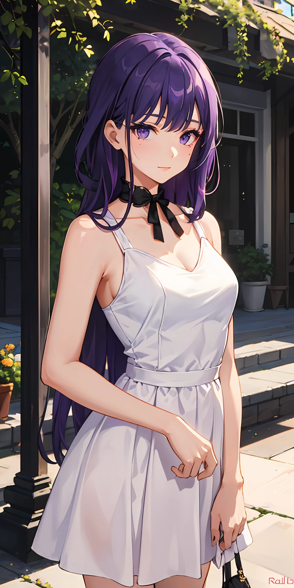 (Masterpiece, Best Quality), Female, Raiden Ei, Purple Hair, Purple Eyes, Kind, Considerate, Shy, Funny, Love myself, Faithful, 1 Mole under the left eye, Wearing a purplish white dress
