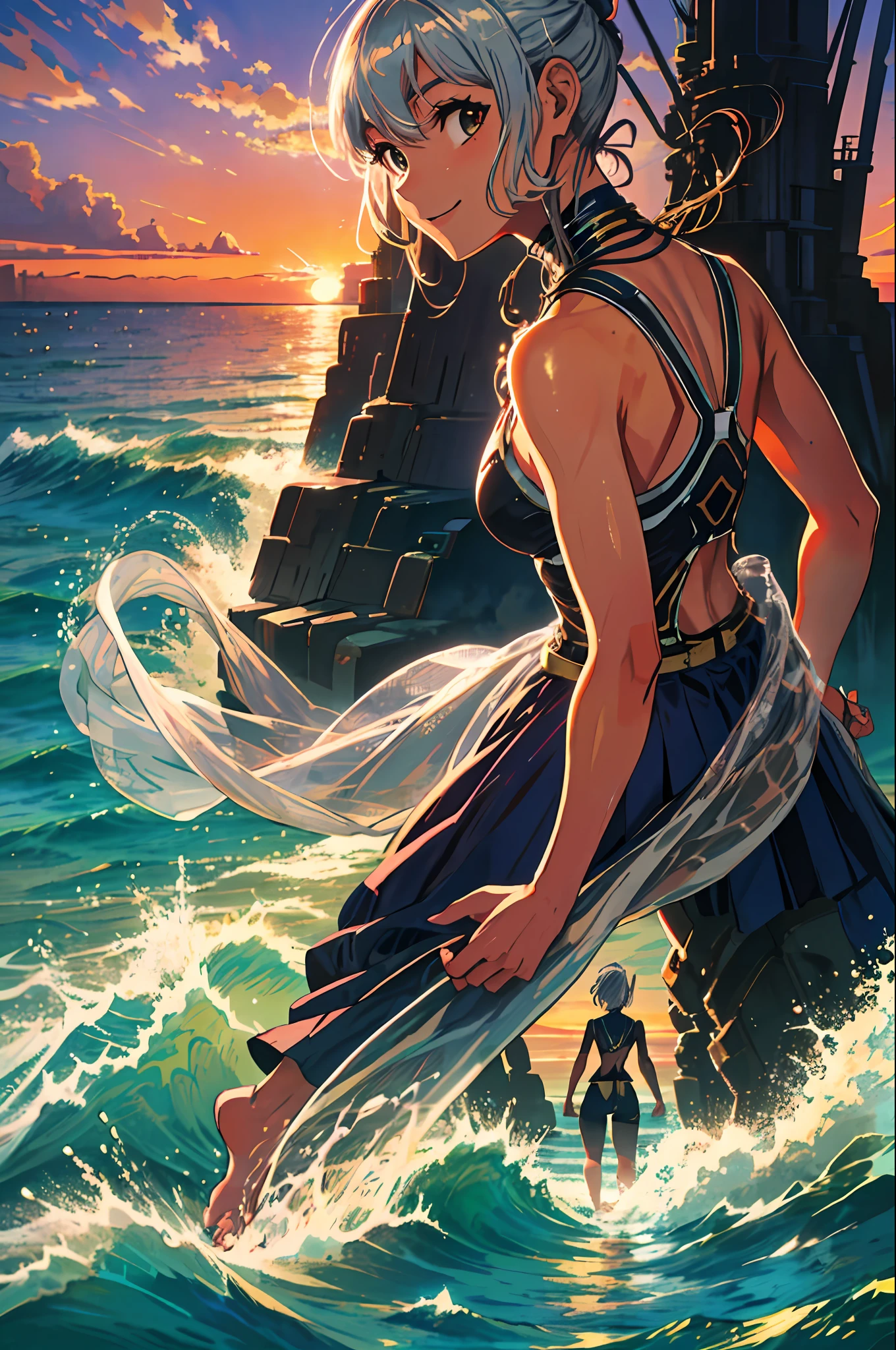 masterpiece, best quality, 1 girl, best quality, super high resolution, 1 girl, silver hair, full body, landscape, smile, ocean, sunset, city, barefoot, footprints, sand, wearing bio mecha, from behind, looking at the audience, looking back, silhouette, wading, standing on liquid