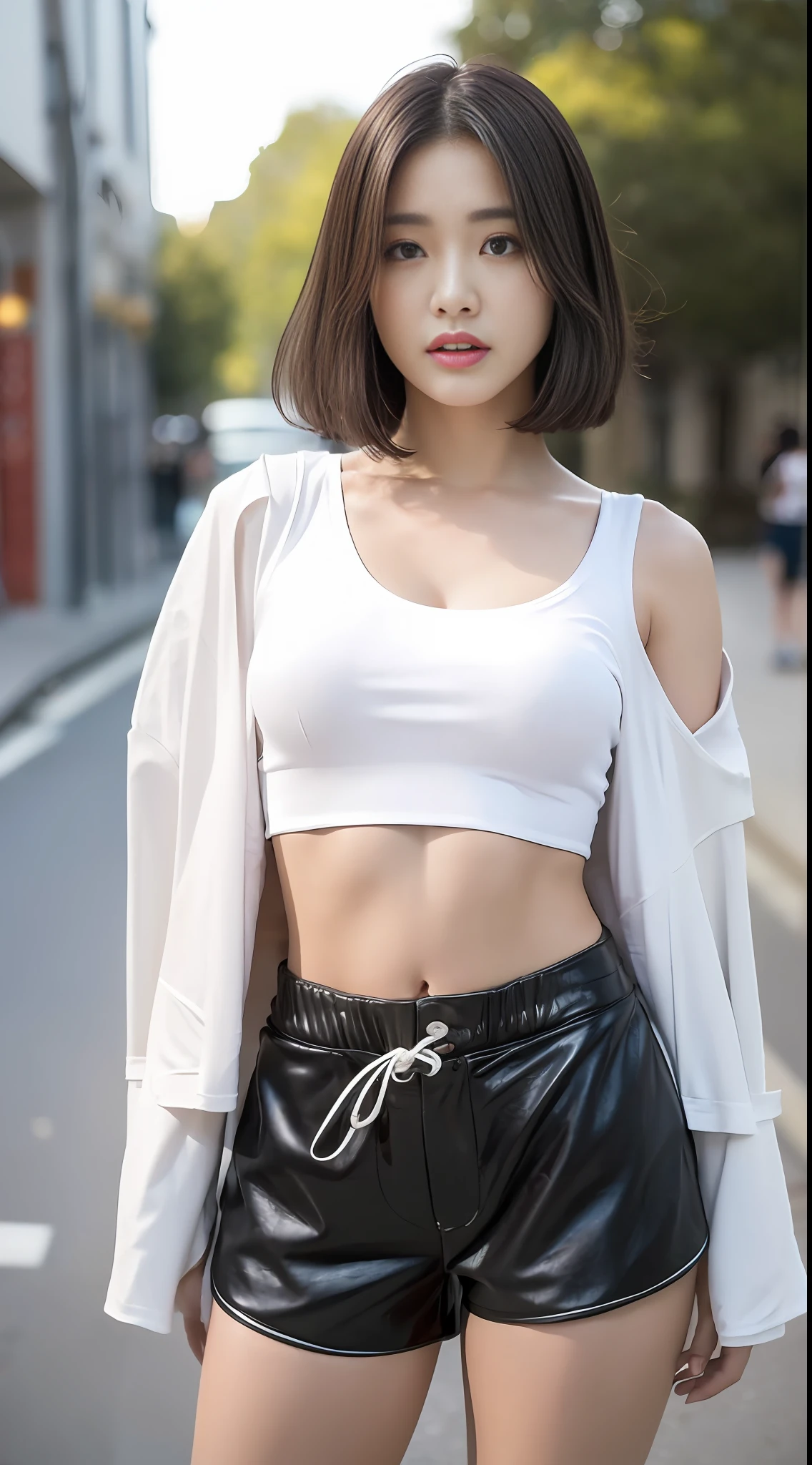 ((Best Quality, 8K, Masterpiece: 1.3)), (Flower Cap: 1.3), Focus: 1.2, Perfect Body Beauty: 1.4, Buttocks: 1.2, (Layered Haircut: 1.2)), (Dark Street: 1.3), Highly Detailed Face and Skin Texture, Full Body, Narrow Eyes, Double Eyelids, Whitened Skin, Long Hair, (Round Face: 1.5), (Loose Crop Top, Shorts:1.6) Pleated skirt with protruding cleavage Big breasts leaking long legs Leather jacket
