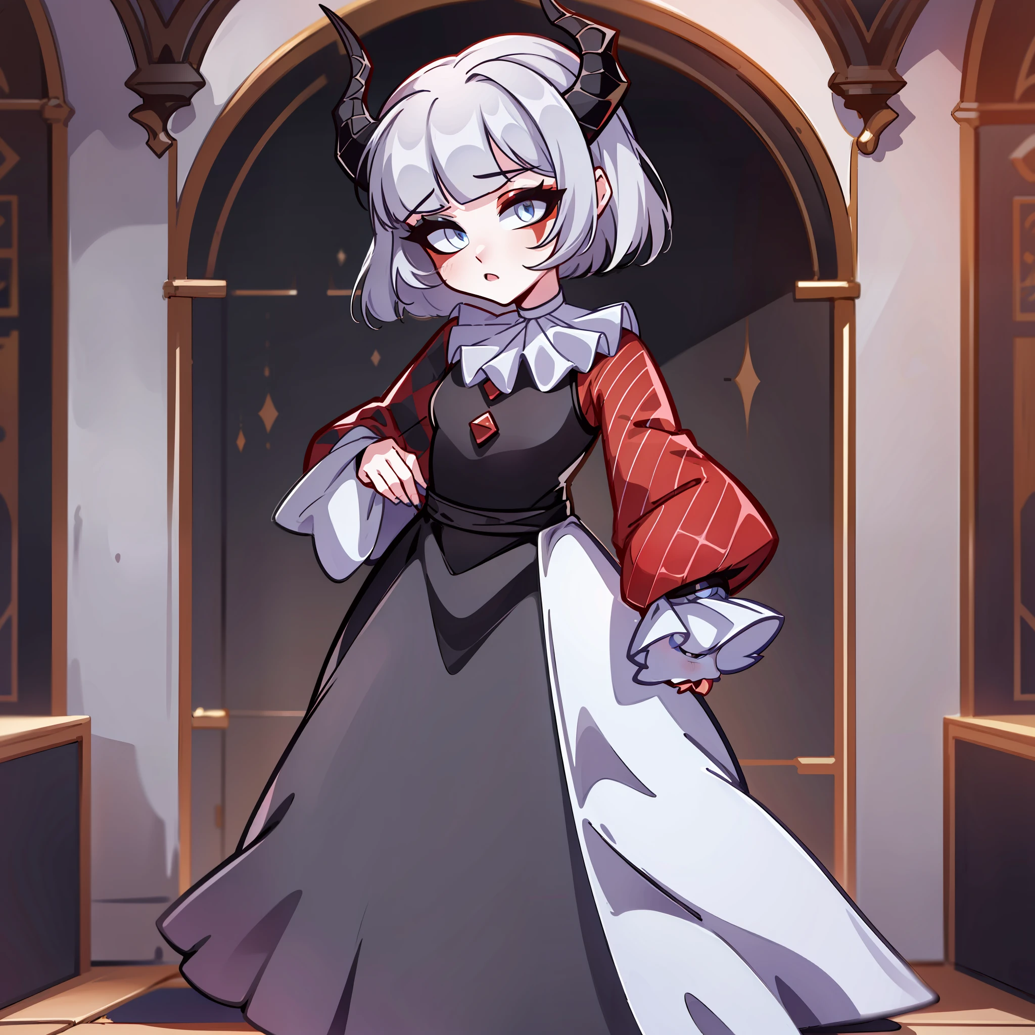 (Best quality: 1.0), (super high res: 1.0), extremely detailed character, detailed Hands, half-dragon girl, horns, scales on the neck, scales on the shoulders, scales on the forearm, scales on the cheek, girl with dragon tail, dragon tail, extremely detailed hair, short hair, ((white hair)), ((black locks)), extremely detailed eyes, eye with different colors, heterochromia, white right eye, black left eye, dragon eyes, 2d, anime art, ((child)), ((full body)), standing, medieval, rpg, small, cute, psychopathic look
