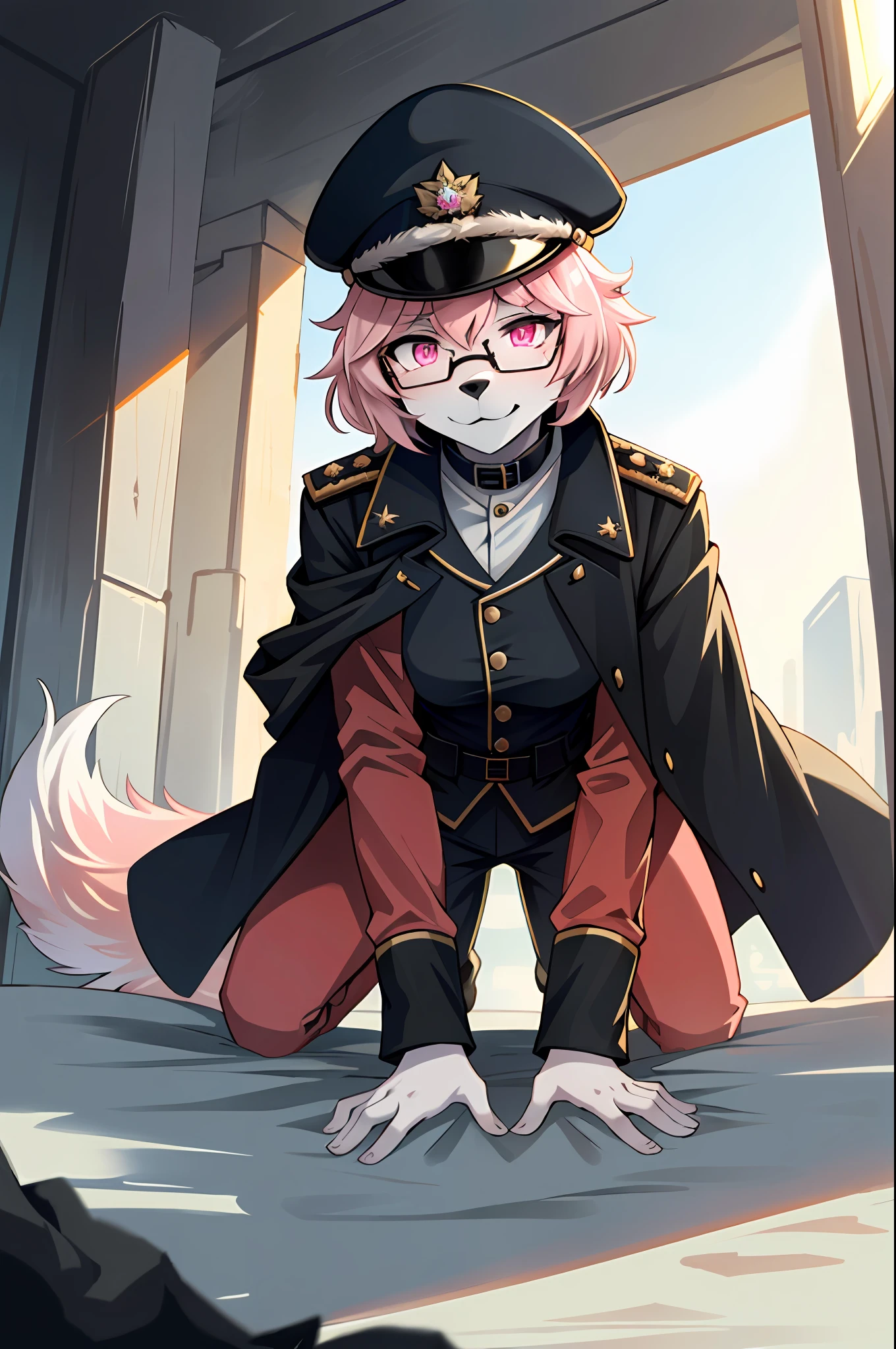 (masterpiece, best quality)), (Anthro Furry:1.3, muzzle:1.2, Anthro:1.3, Furry:1.2, closeup:1.2, female solo:1.2, (wearing Russian military coat) military pants, wearing glasses, Fox spiraled in the colors of Funtime Foxy,Five Nights at Freddy,white skin pink details, pink eyes, sexy position, deserted ambient place, Russian general military hat.