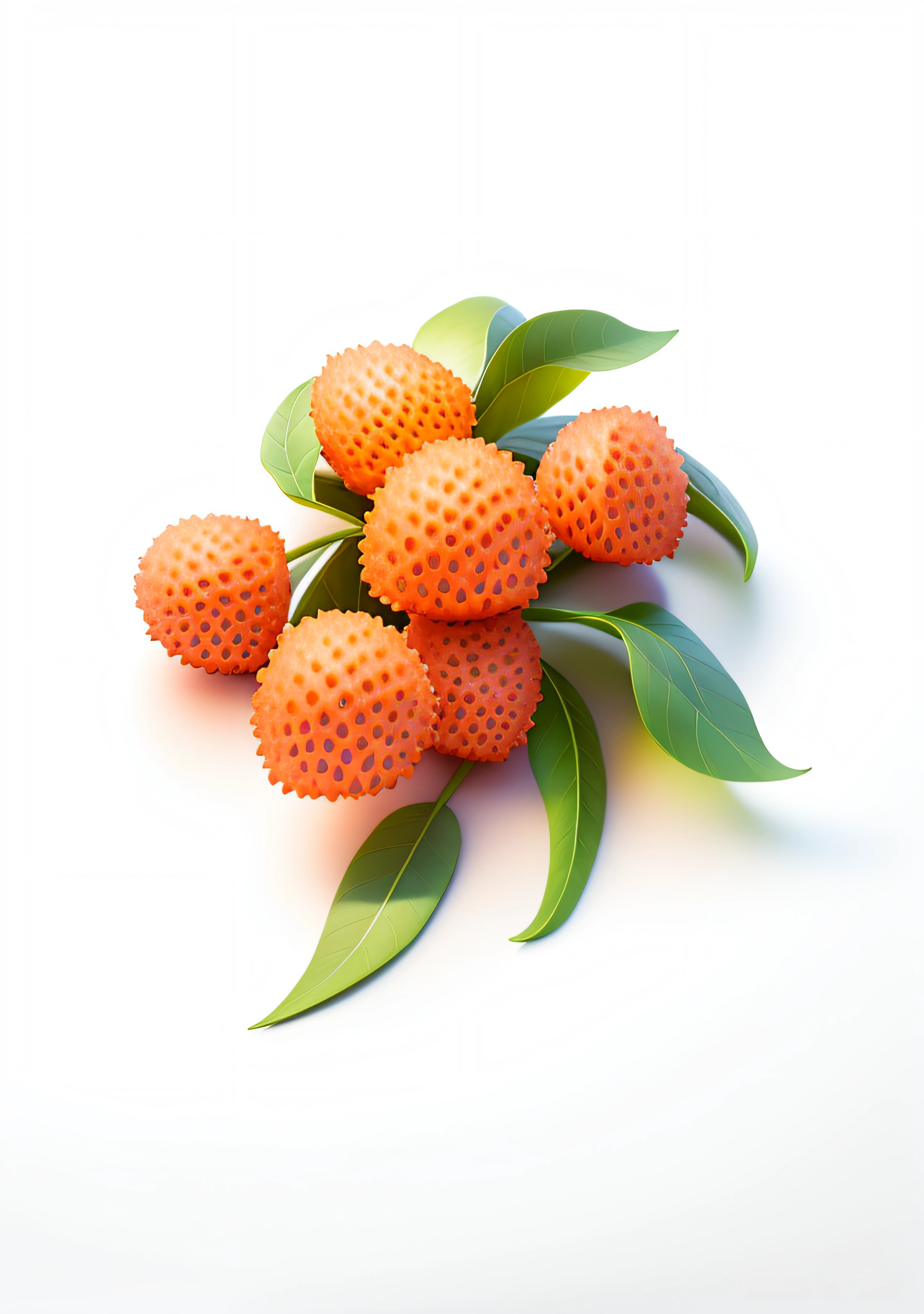 (Masterpiece: 1.3), (Best Quality: 1.3), (Masterpiece: 1.3), (Best Quality: 1.3), (8k wallpaper), (Ultra High Resolution), (Natural Texture), (Beautiful and Beautiful), (Very Detailed CG, Intricate Details), White Background, (White Background: 1.5), 6 Red Lychees, 9 Leaves, Smooth Edges, Dangling, Afloat,