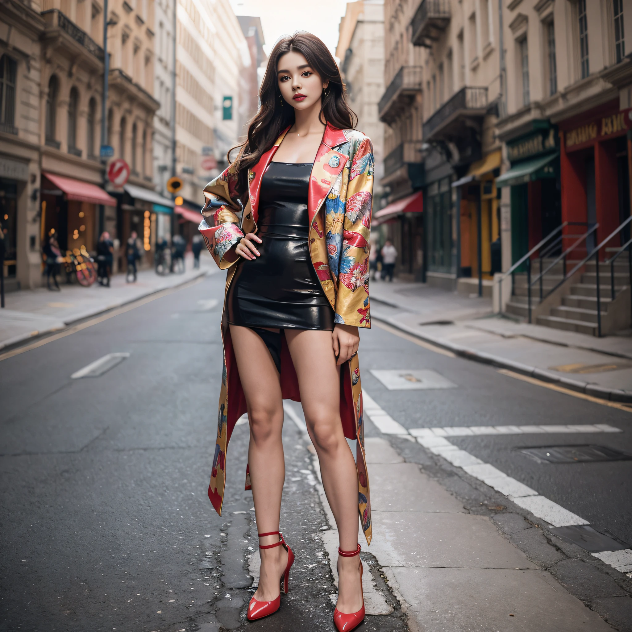 (masterpiece), (highest quality), (realistic), perfect face, perfect eyes, beautiful nose, perfect mouth, perfect proportions, fashion model, natural lighting, 20 years old, beautiful woman, long hair, standing, front full body, attractive face, red lips, red high heels, face length and neat face,