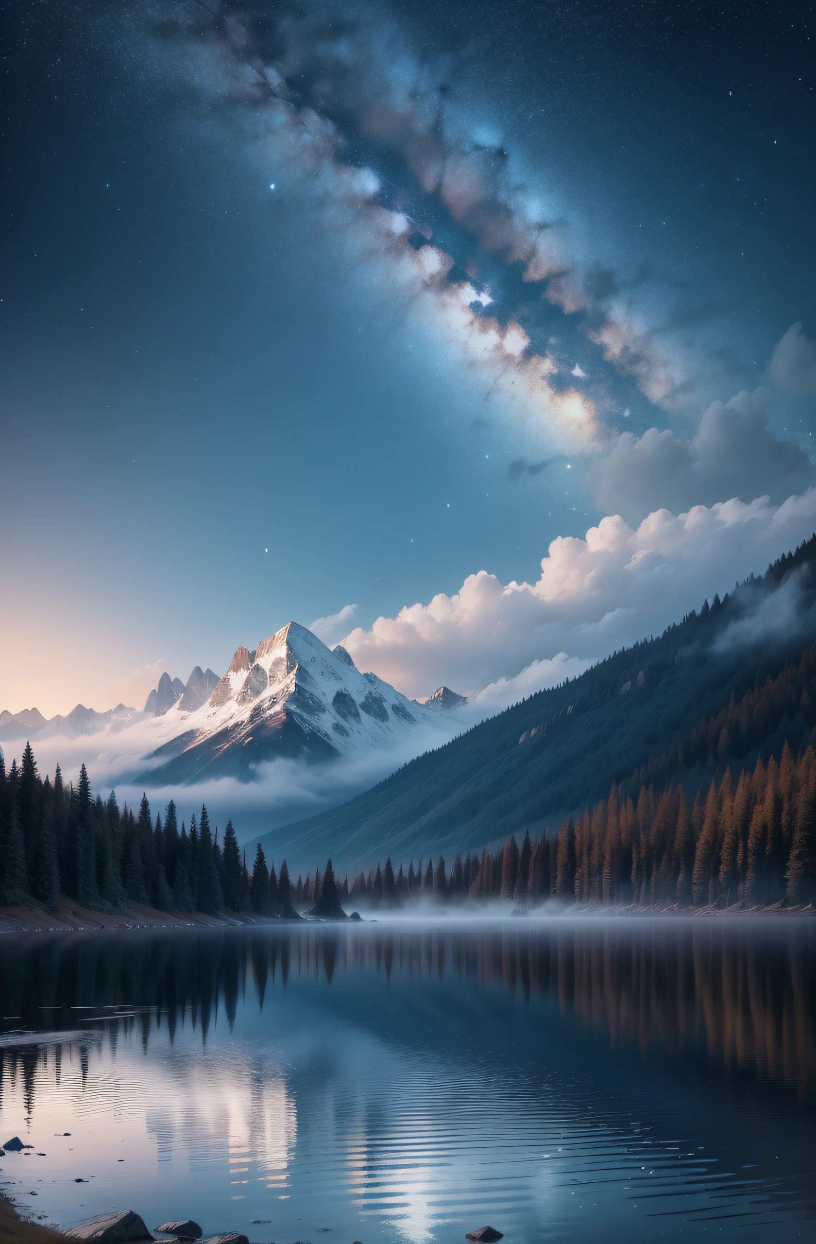 lake with fog, mountains and starry sky
