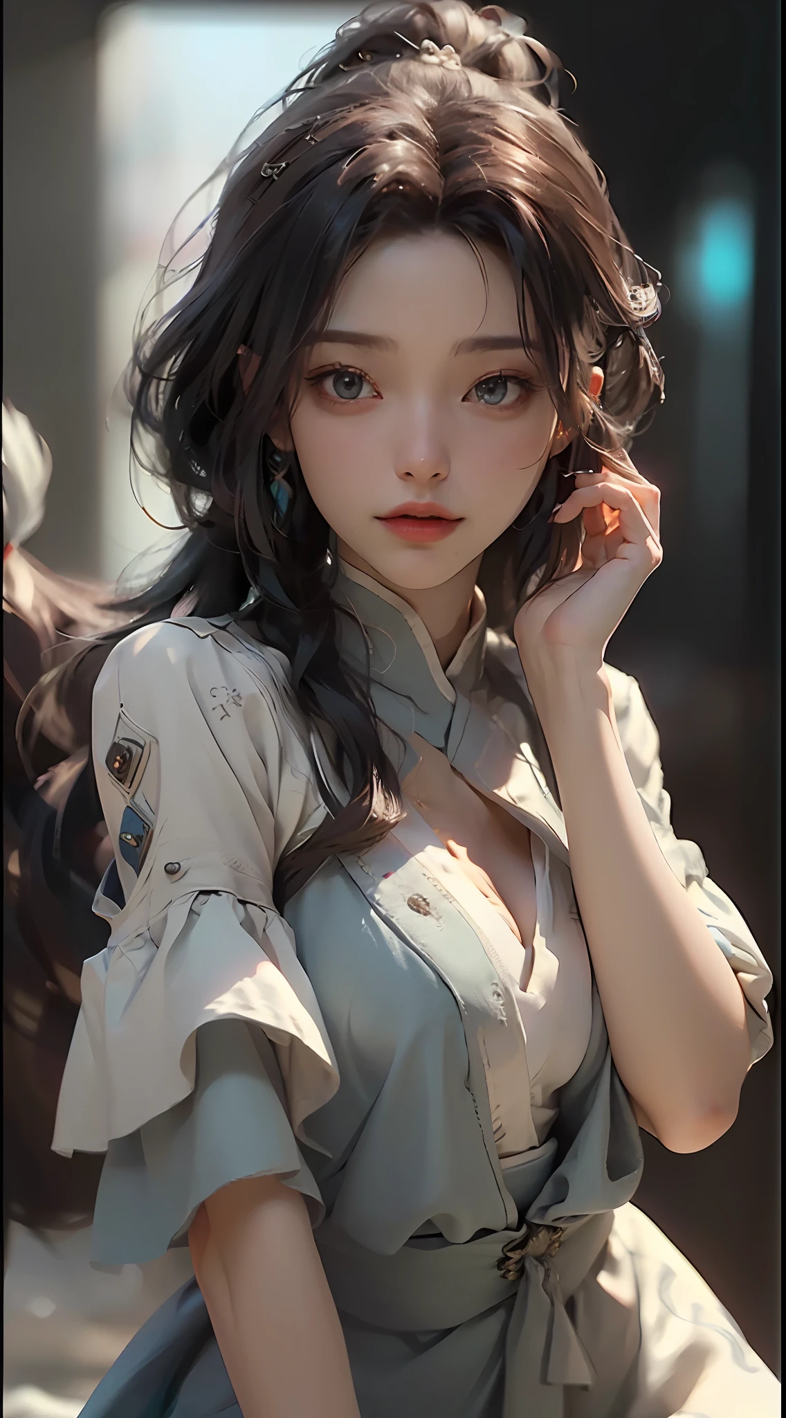 (Best Quality), ((Masterpiece), (Detail: 1.4), 3D, A Beautiful Cyberpunk Woman, HDR (High Dynamic Range), Ray Tracing, NVIDIA RTX, Super-Resolution, Unreal 5, Subsurface Scattering, PBR Textures, Post-Processing, Anisotropic Filtering, Depth of Field, Maximum Sharpness and Clarity, Multi-layer Textures, Albedo and Highlight Maps, Surface Shading, Accurate simulation of light-material interactions, perfect proportion, Octane Render, two-color light, large aperture, low ISO, white balance, rule of thirds, 8K RAW, (RAW photo, best quality), (realistic, photo-realistic:1.3), best quality, highly detailed, masterpiece, ultra-detailed, illustration, 1girl, upper_body, dynamic angle, world mastery theater, messy_long_hair,best quality, extremely detailed CG unity 8k wallpaper, ink, amazing, cinematic lighting, lens_flare, dunhuang_ style