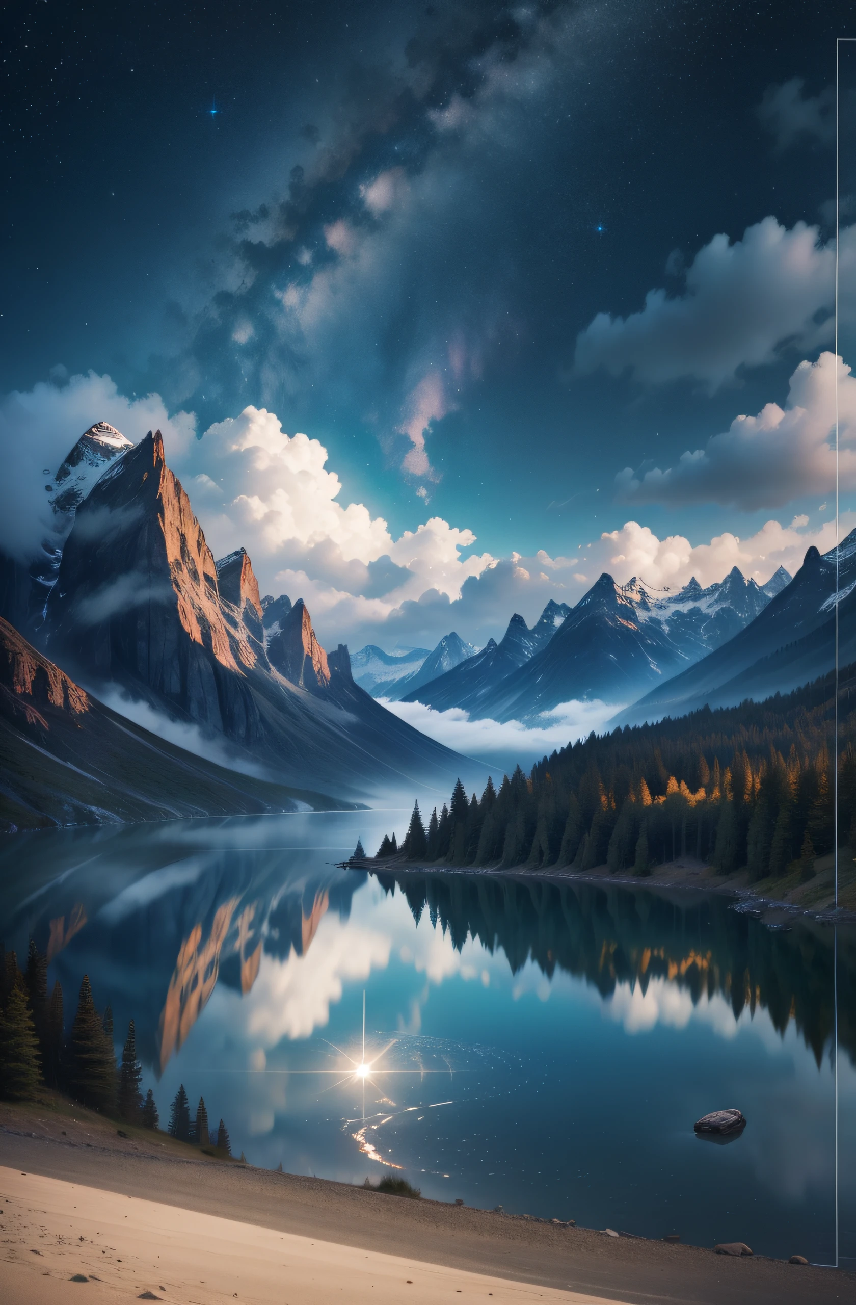 lake with fog, mountains and starry sky