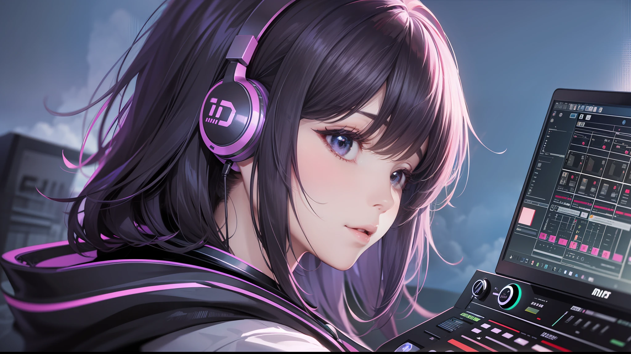 Woman with peace sense headset, closed eyes, beautiful face, RGB colors, bright purple hair, anime, banner for youtube video, happy girl, clouds with RGB colors, bright RGB colors.