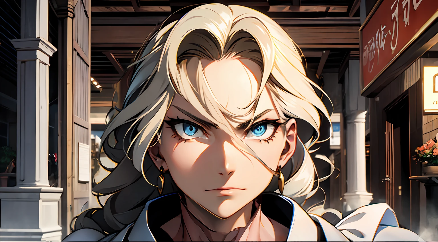 Change to a sneering expression, woman, blue eyes