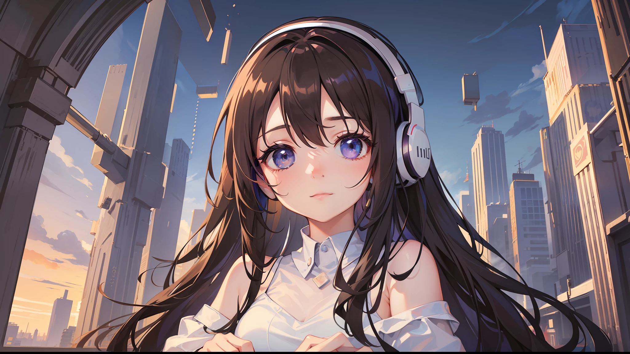 Woman with peace sense headset, closed eyes, beautiful face, RGB colors, bright purple hair, anime, banner for youtube video, happy girl, clouds with RGB colors, bright RGB colors.