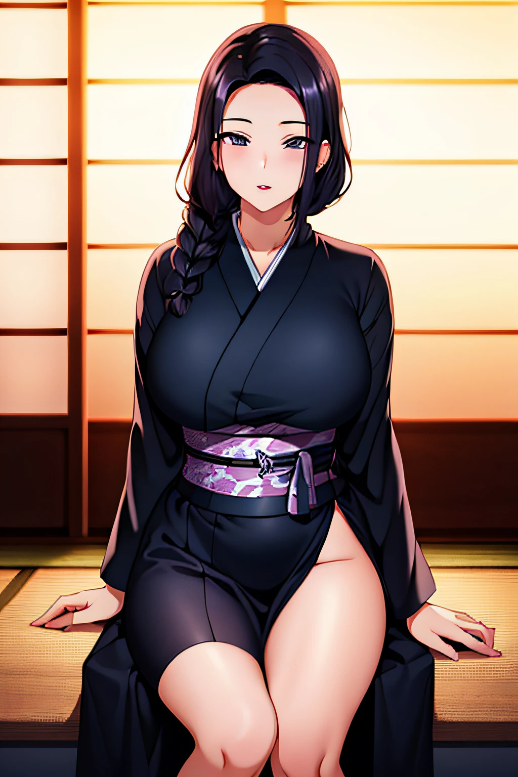 sitting on a chair, cross-legged, black kimono, black_hair, long_hair, hair_pulled_back parted_lips purple_eyes, braid,
1 girl, 24 years old, mature woman, beautiful finger, beautiful long legs, beautiful body, beautiful nose, beautiful character design, perfect eyes, perfect face,
looking at the viewer, in the center of the image,
NSFW, official art, extremely detailed CG unity 8k wallpaper, perfect lighting, colorful, Bright_Front_face_Lighting,
(masterpiece:1.0),(best_quality:1.0), ultra high resolution,4K,ultra-detailed,
photography, 8K, HDR, high resolution, absurd: 1.2, Kodak portra 400, film grain, blurred background, bokeh:1.2, lens flare, (vibrant_color:1.2)
(Beautiful,large_Breasts:1.4), (beautiful_face:1.5),(narrow_waist),