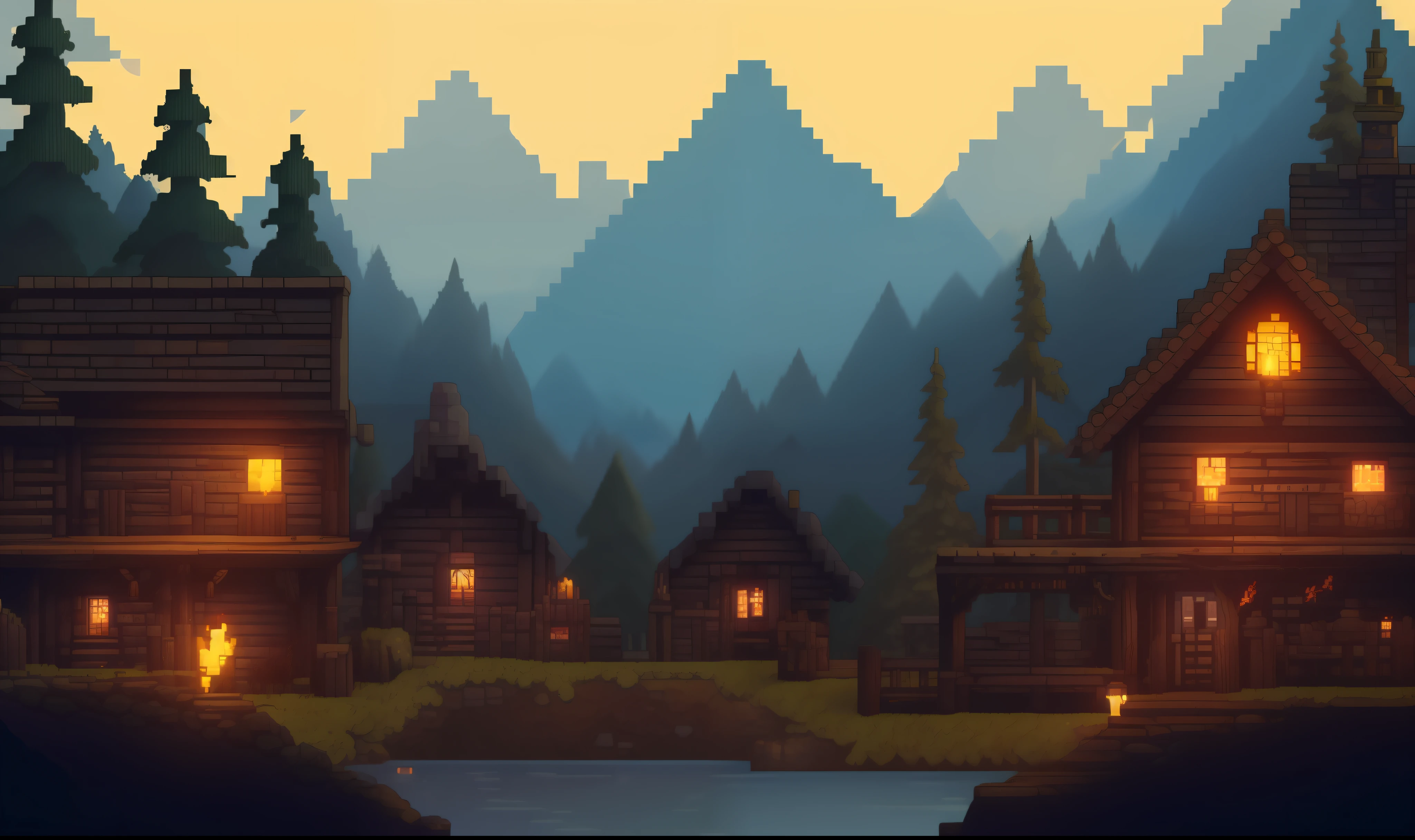 Image style: Pixel art, ultra detailed, game setting. a small village in the heart of the Kingdom of Darkness. The houses are built of dark wood, with sloping roofs and narrow windows. The village is surrounded by a dense shadowy forest and is lit only by torches and bonfires. The villagers live in fear and despair, waiting anxiously for a hero who can bring the light back