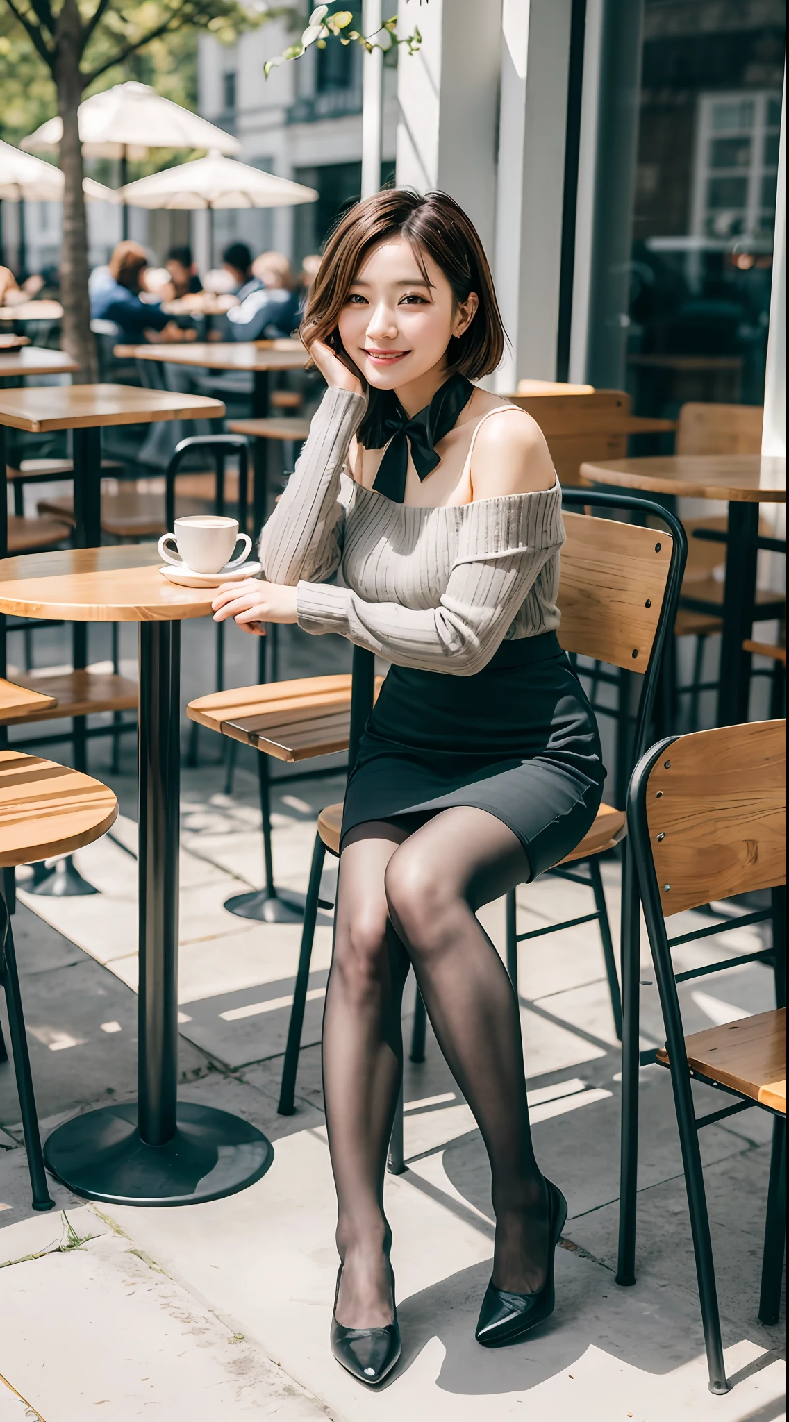 8k uhd, dslr,film grain, Fujifilm XT3,(best quality:1.3), (masterpiece:1.1), high resolution, cinematic light, intricate details, (photorealistic),outside,beautiful outside,sunny,
korean girl,(in cafe:1.5) , dimples, bobcut, looking at viewer, detailed trees, ribbons, bowties, bare shoulders, ribbed sweater,
pencil skirt, high-waist skirt, head rest, sitting, indoors,
necklace,black pantyhose, sheet transportation sweater, (smile),(full body:1.6),slender,